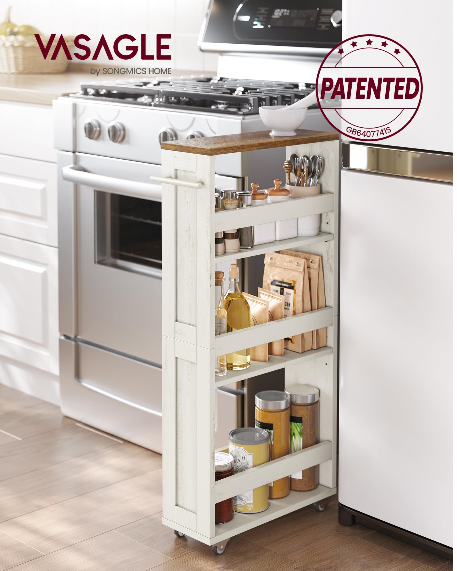 VASAGLE 4-Tier Slim Storage Trolley with Wheels | Rustic White + Honey Brown | 15 cm Wide 3