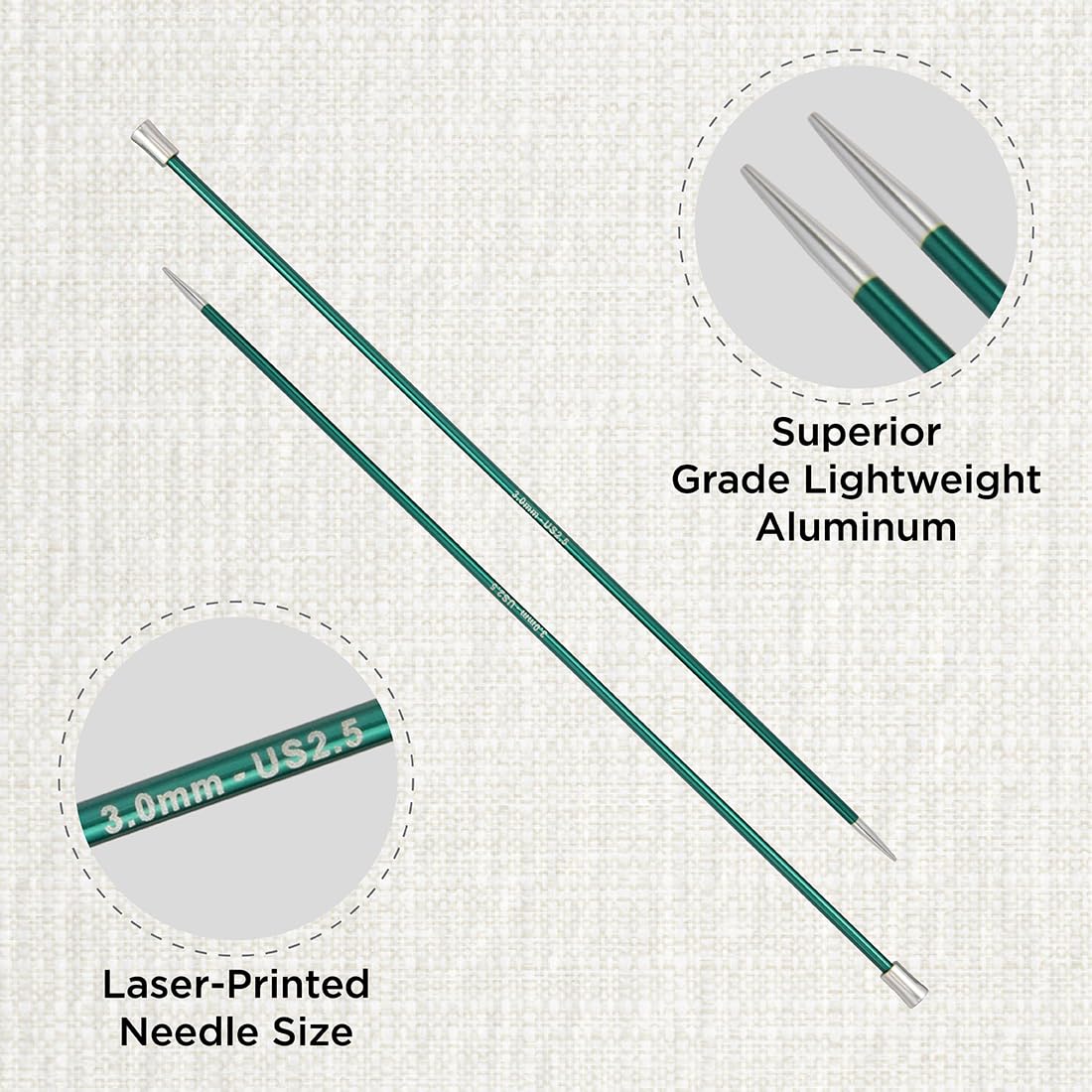 KnitPro Zing Single Pointed Knitting Needles - 3.00mm Size | 25cm Length | Lightweight Aluminium 2