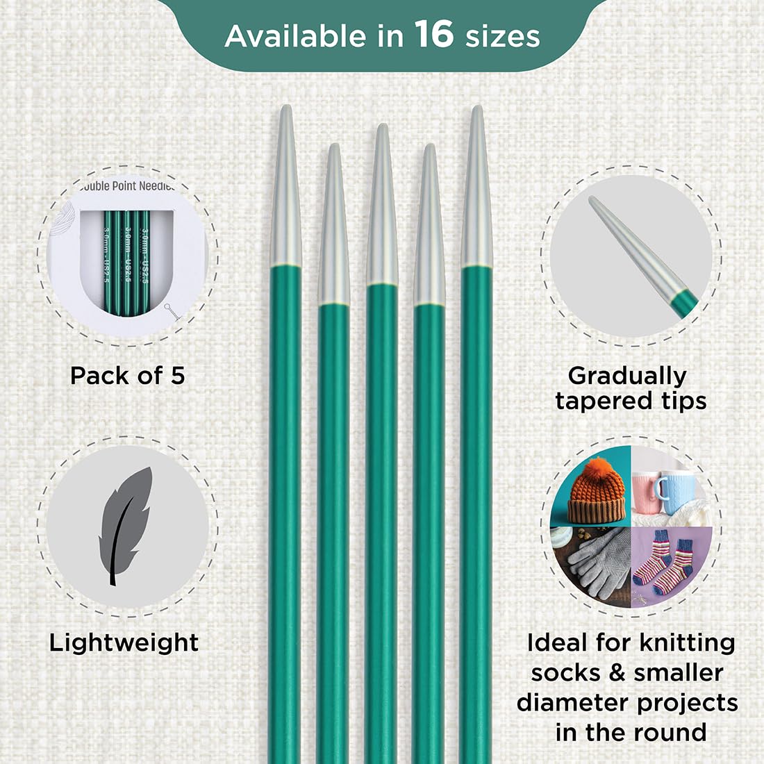 KnitPro Zing Double Pointed Knitting Needles - 3.00mm (6"/15cm) | Lightweight Aluminium | Jade Color 3