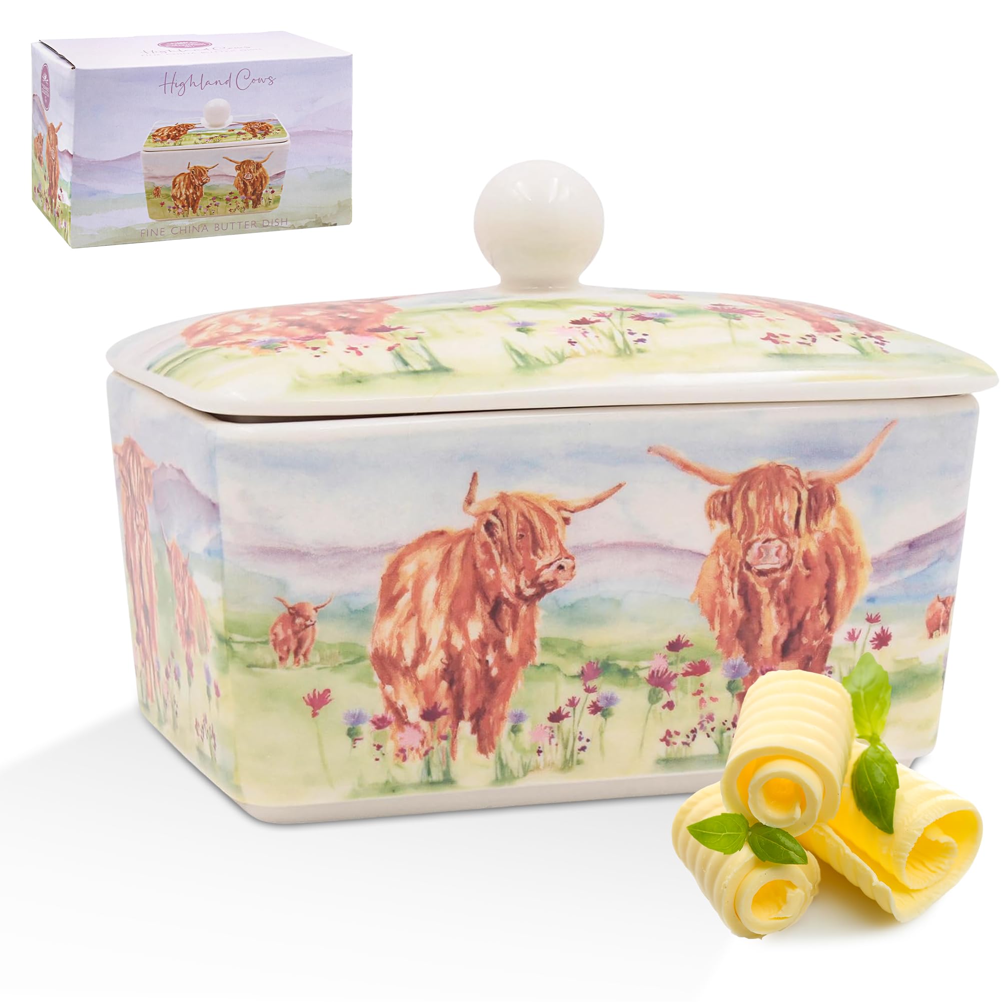 The Leonardo Collection Jennifer Rose Gallery Highland Cow Butter Dish | Fine China | Round