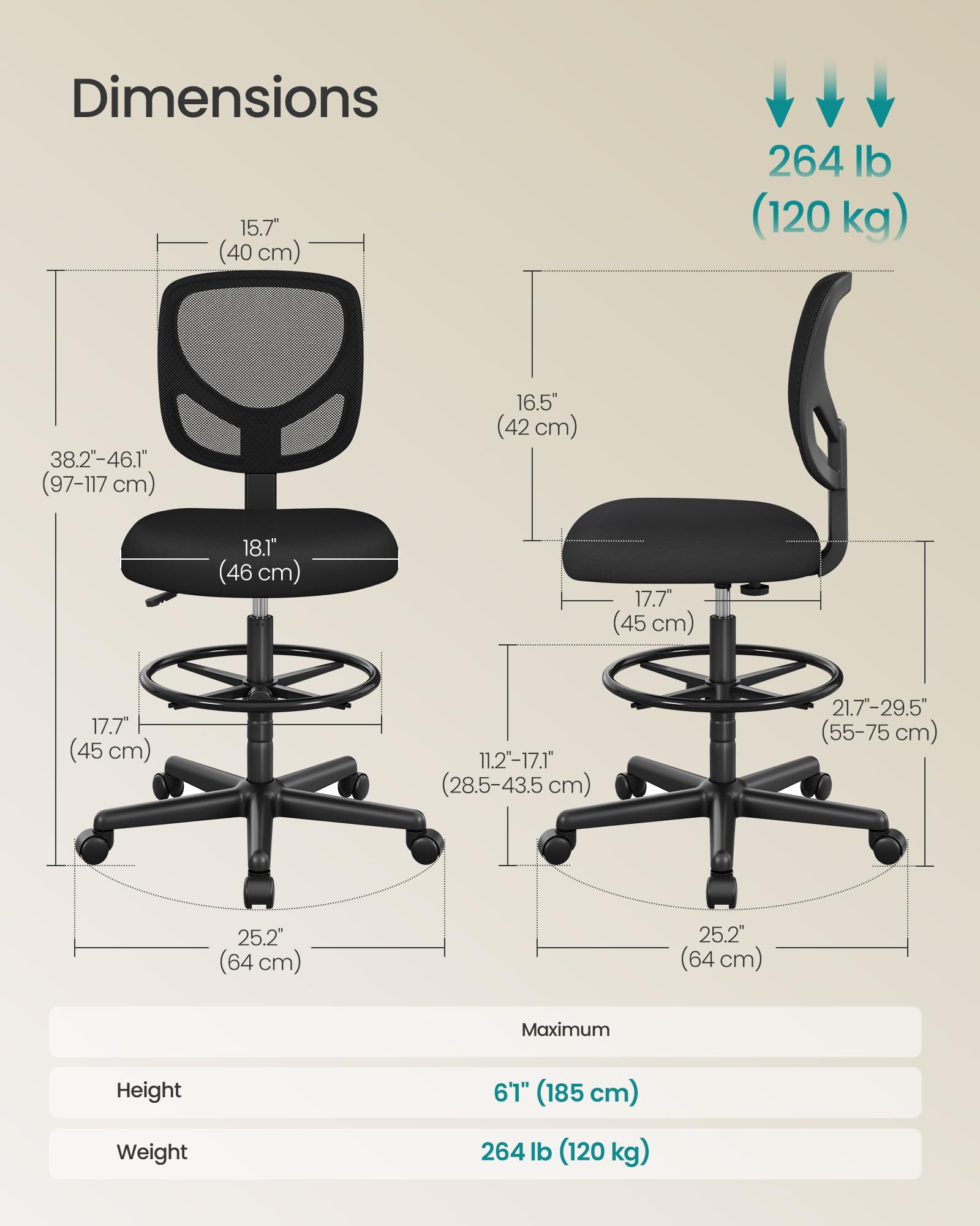 SONGMICS Drafting Stool Chair - Adjustable Height 55-75 cm, 120 kg Capacity, Ergonomic Footrest | Black 3