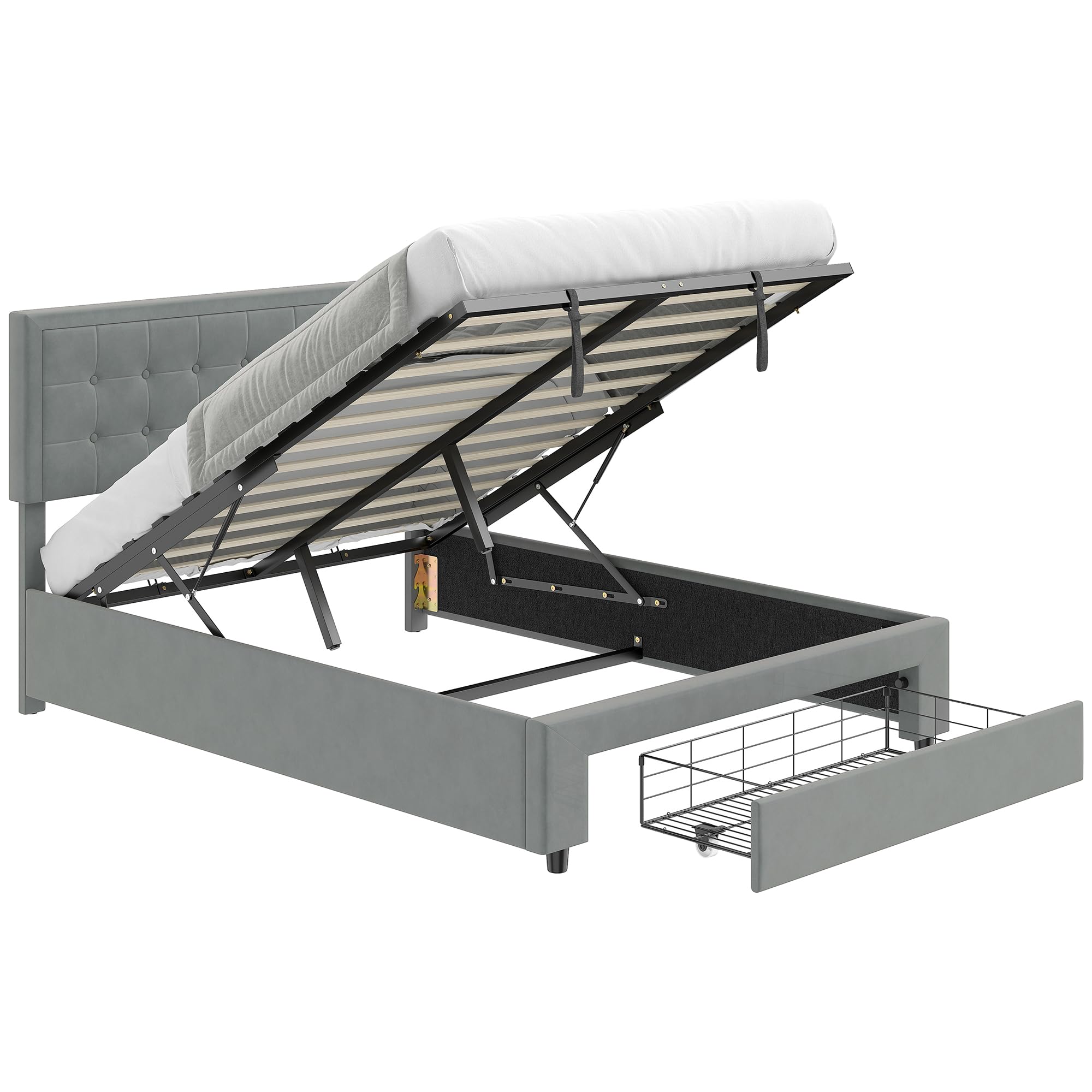 HOMCOM Upholstered Ottoman Bed Frame - Grey Double with Storage Drawer & Adjustable Headboard