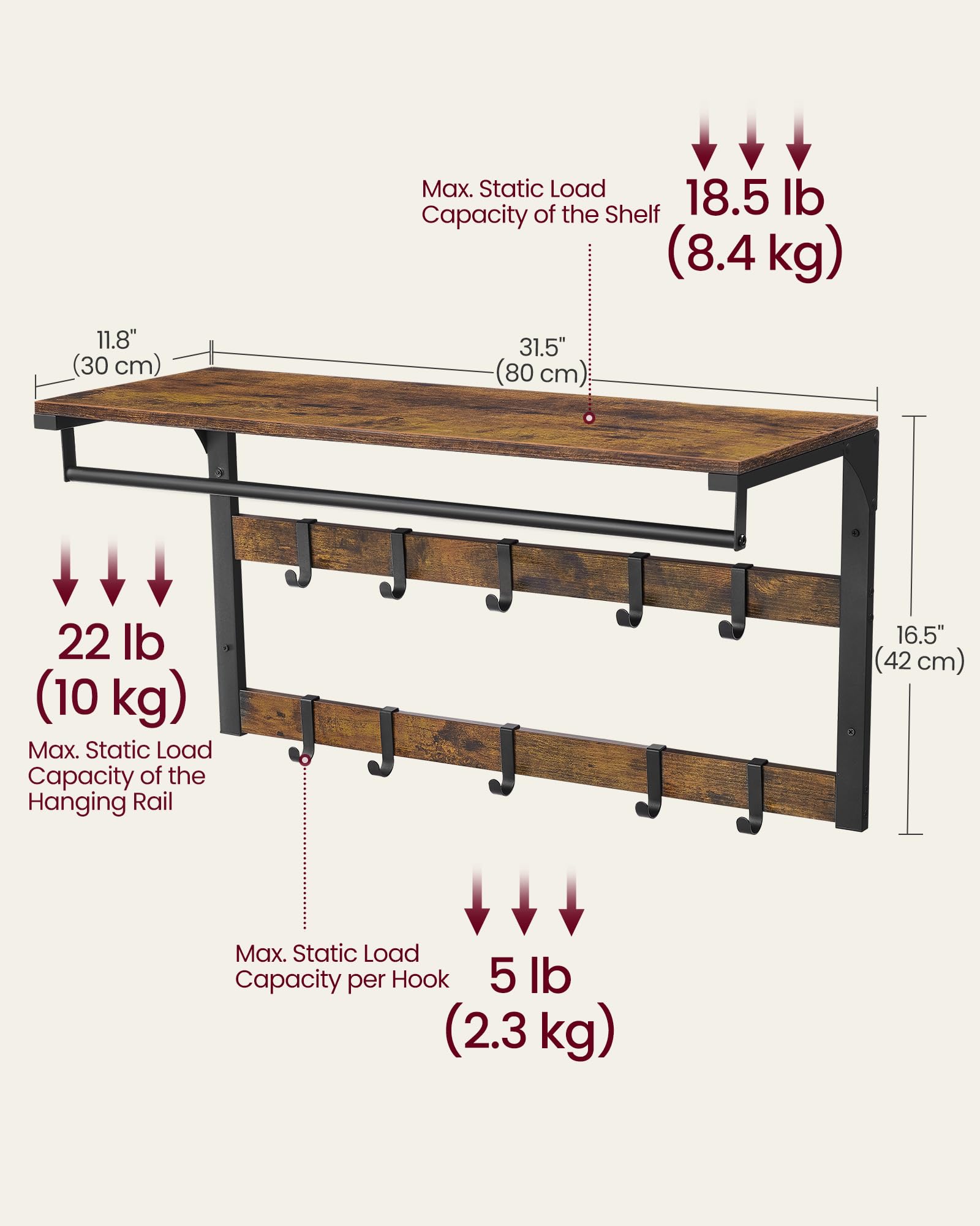 VASAGLE Wall-Mounted Coat Rack with Shelf and 10 Removable Hooks | Rustic Brown & Black | 80W cm 5