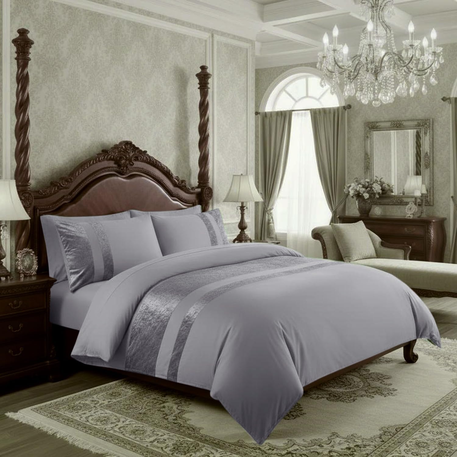Casabella Luxury Crushed Velvet Panel Band Duvet Cover Set | King Size | Silver 1