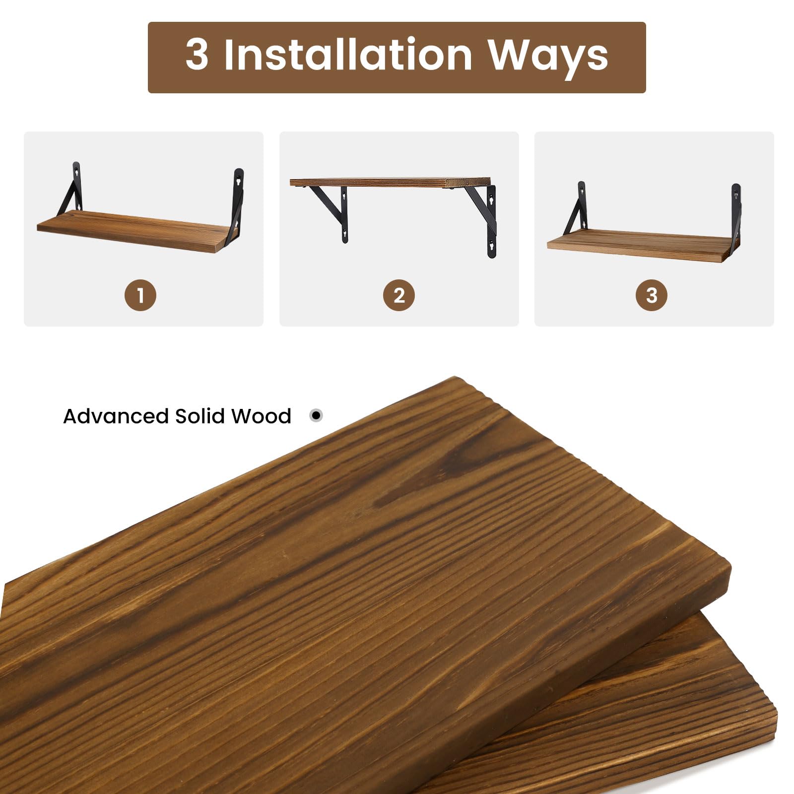AGM Set of 2 Rustic Dark Wood Wall Mounted Floating Shelves | Max Load 15kg per Shelf 6