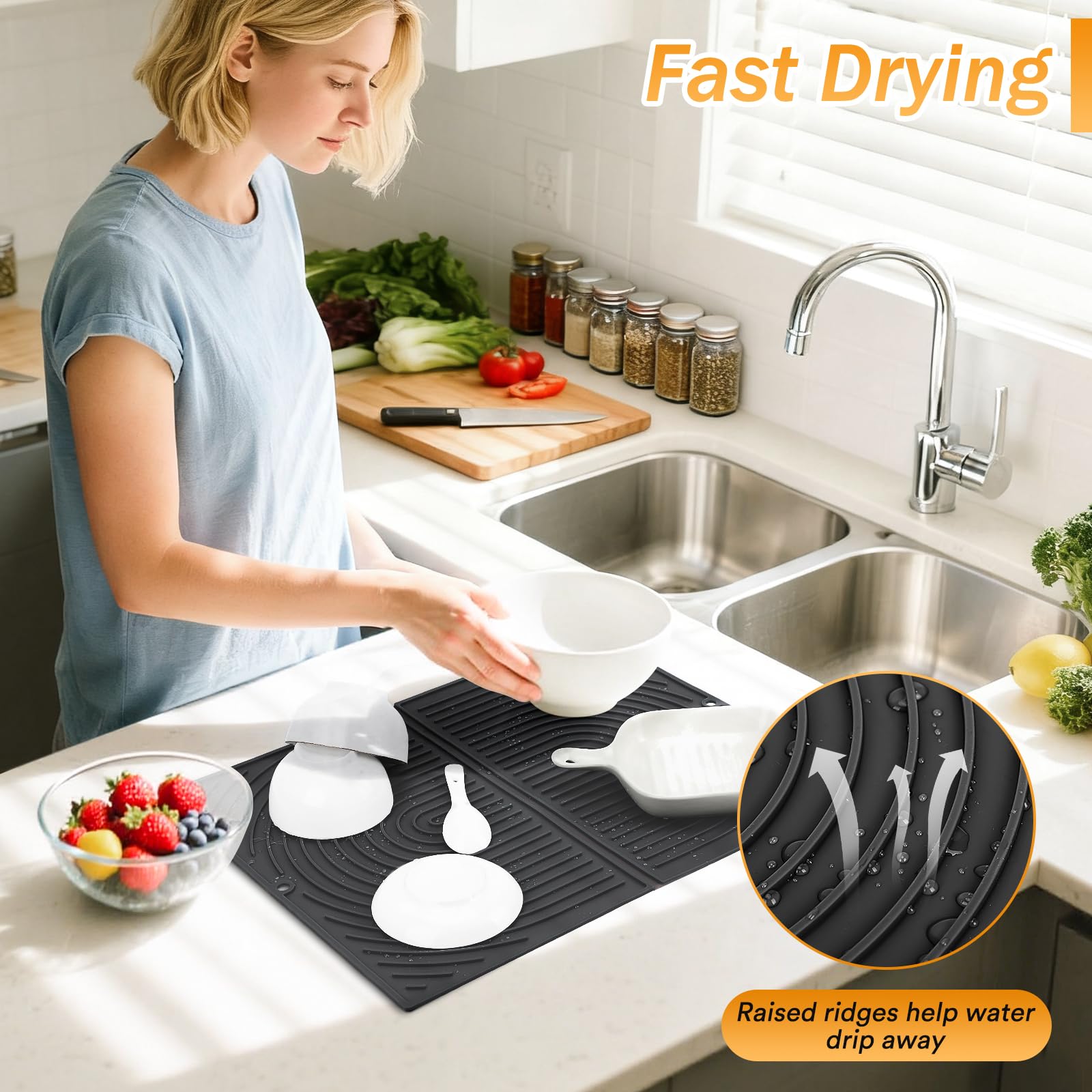 Euqvunn Silicone Dish Drying Mat - Heat Resistant up to 430°F | Medium 42.8 x 33.8 cm | Black 3