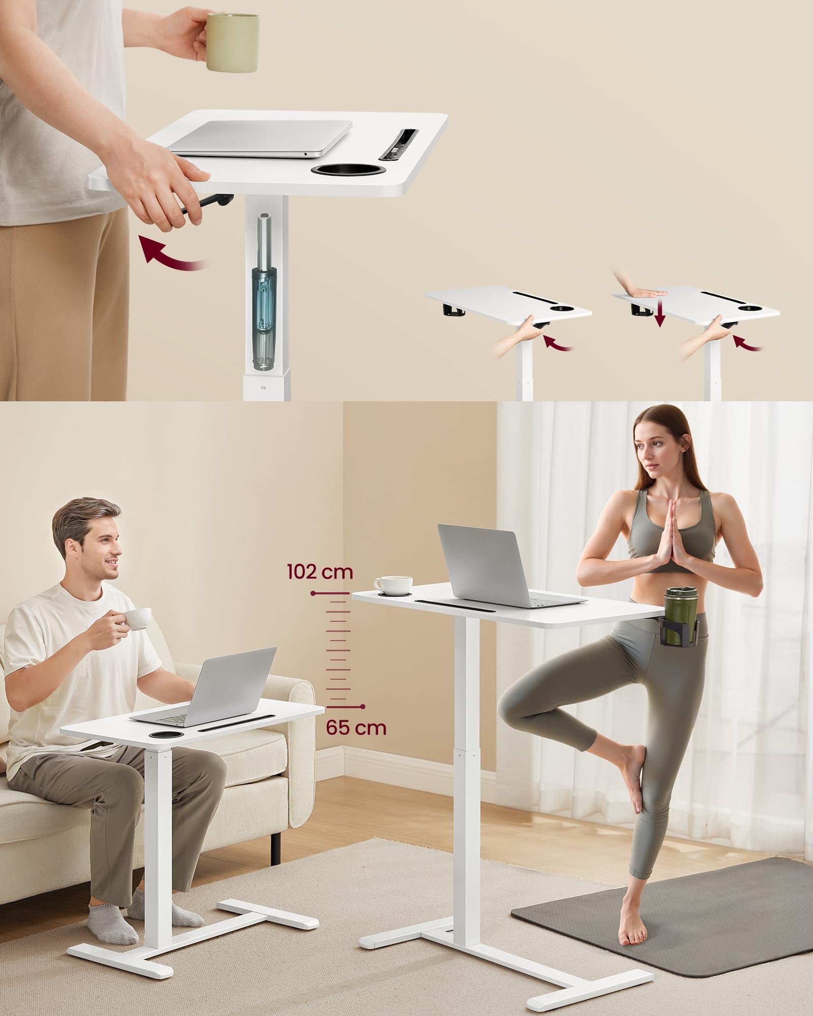 VASAGLE Overbed Table with Wheels - Adjustable Height 65-102 cm | 70 x 40 cm Tabletop | Cloudy White 4