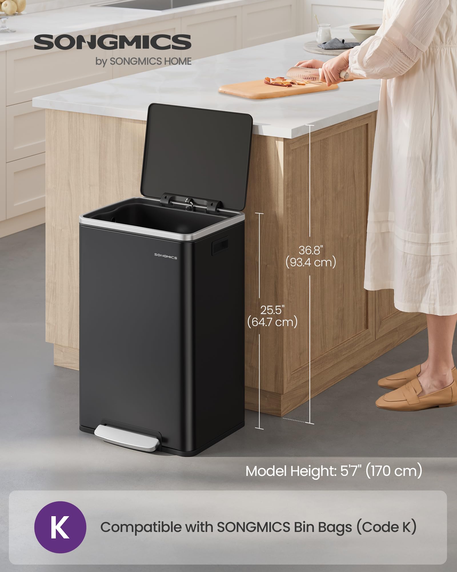 SONGMICS 50L Stainless Steel Kitchen Bin with Foot Pedal | Ink Black | Rust & Fingerprint Resistant 2