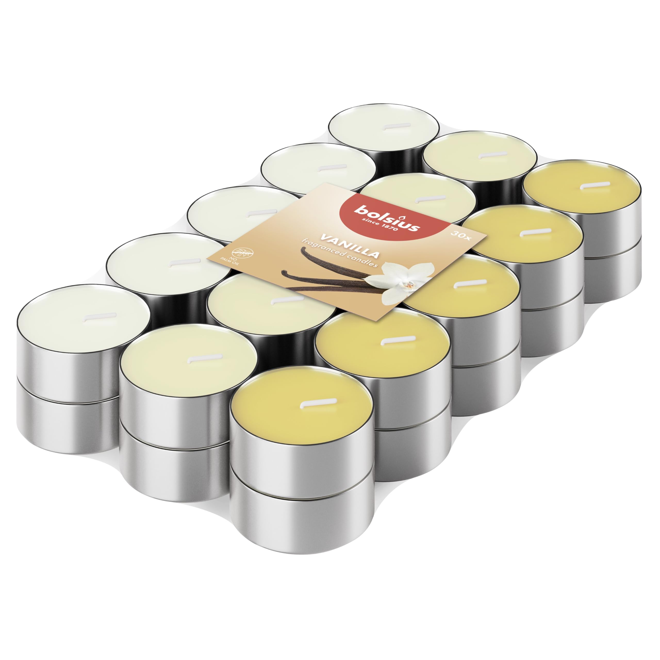 Bolsius Scented Tealights Vanilla - 30 Pack | 3.5 Hour Burn Time | Tricolour 4