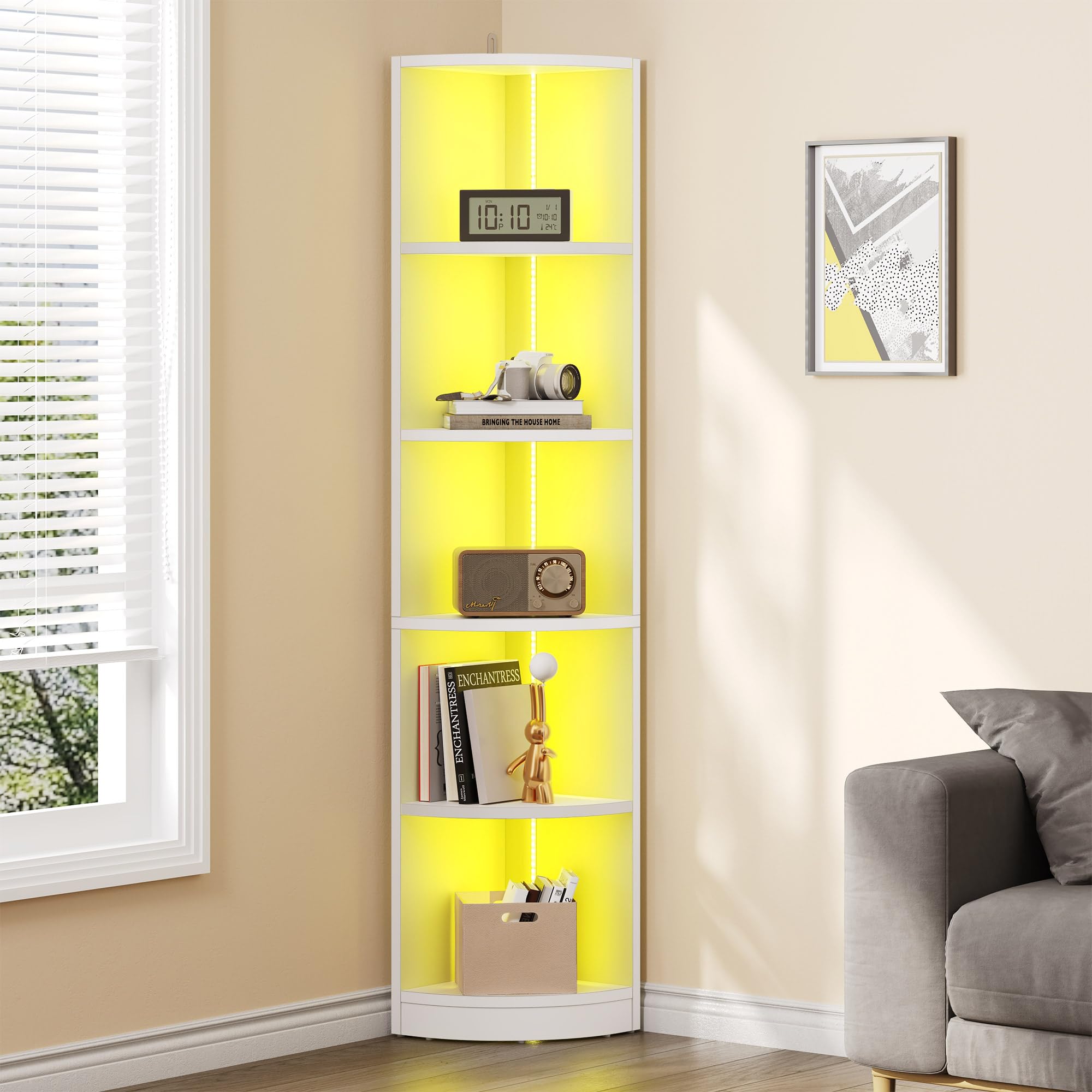 YITAHOME 5 Tier Corner Bookshelf with Voice-Activated LED Lighting | Engineered Wood | White 1