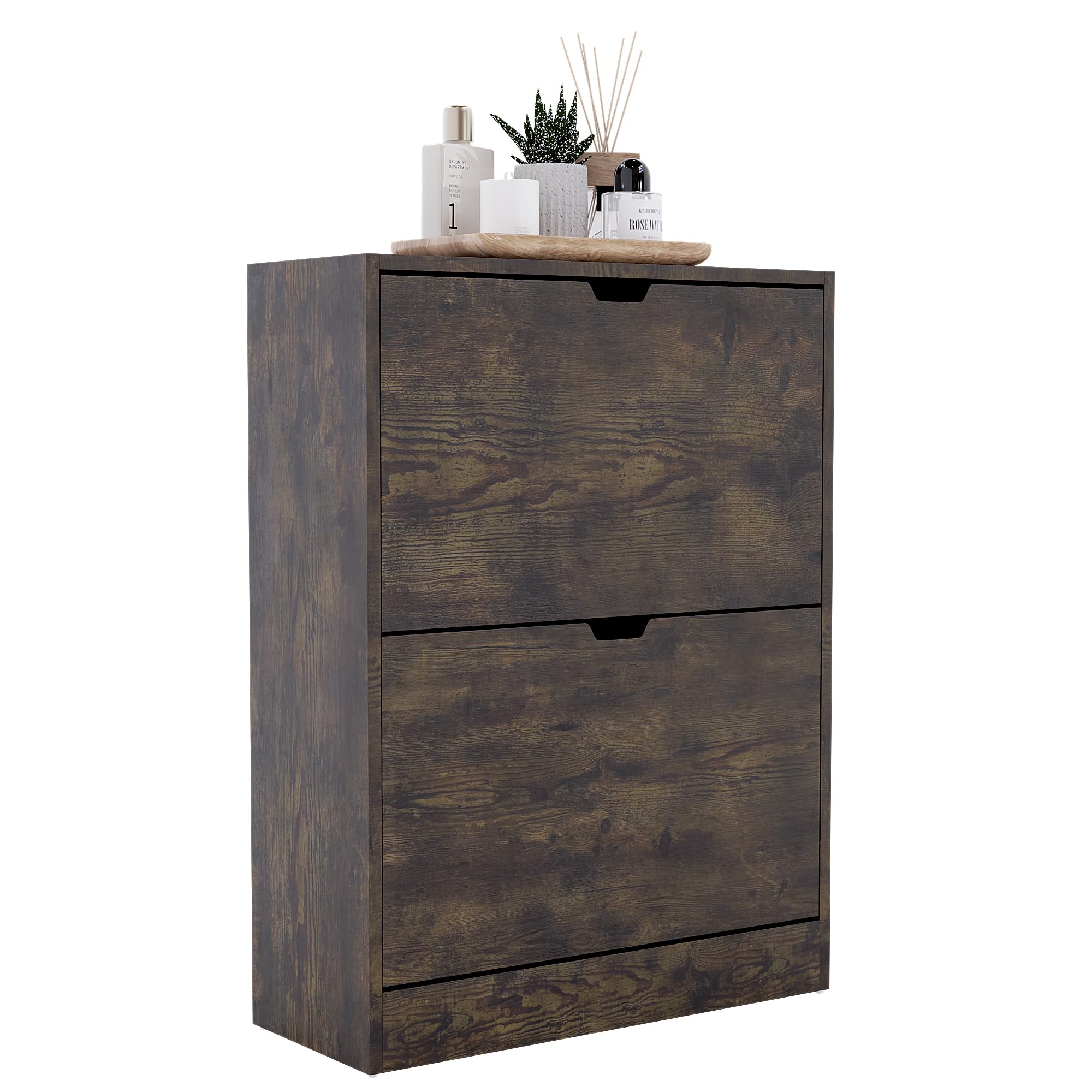 Vida Designs Wooden Shoe Cabinet - 2 Flip Drawers | Space-Saving Slim Design | Dark Wood 7