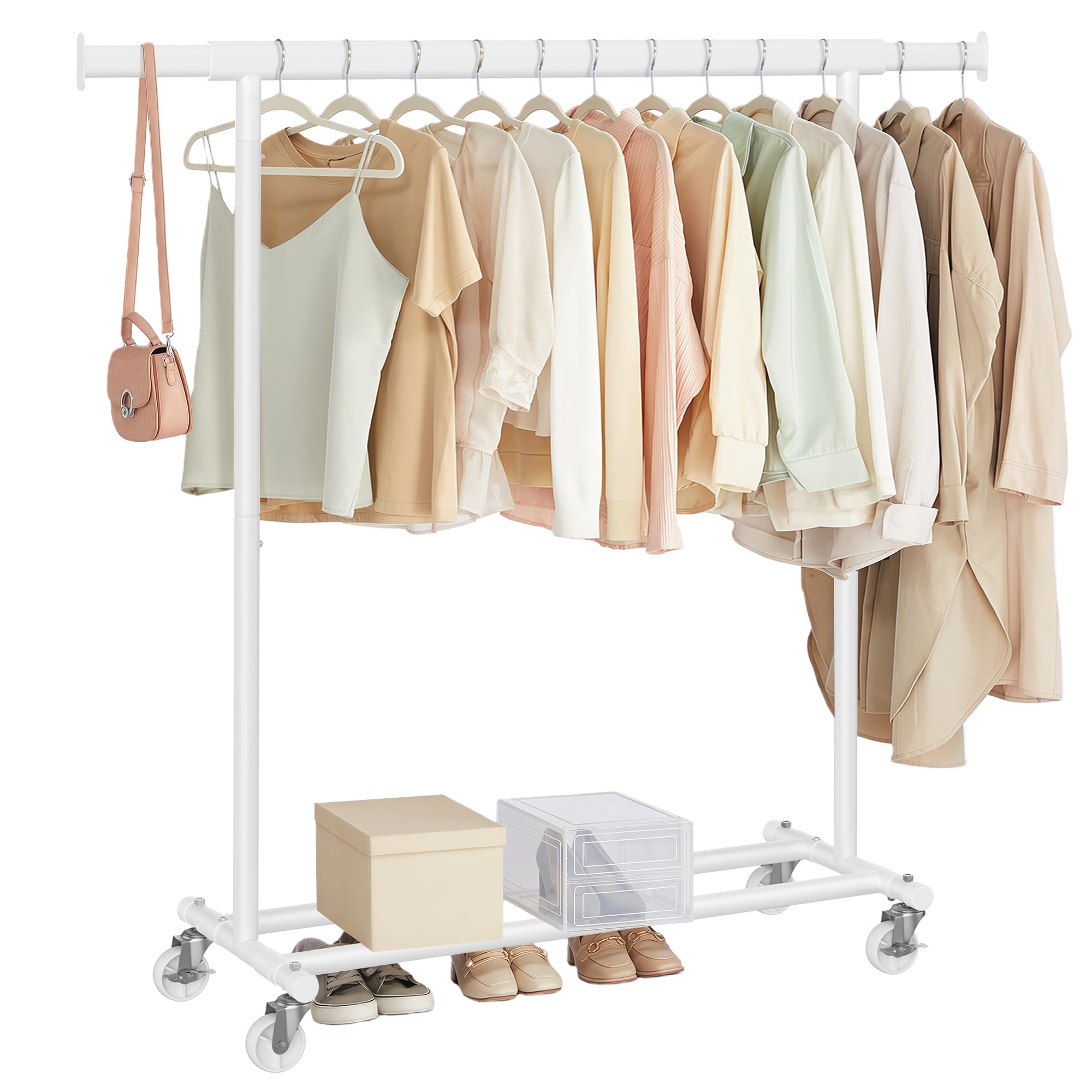 SONGMICS Heavy Duty Clothes Rack on Wheels - 100 kg Load Capacity | Extendable Rail (92-132 cm W) | White 1