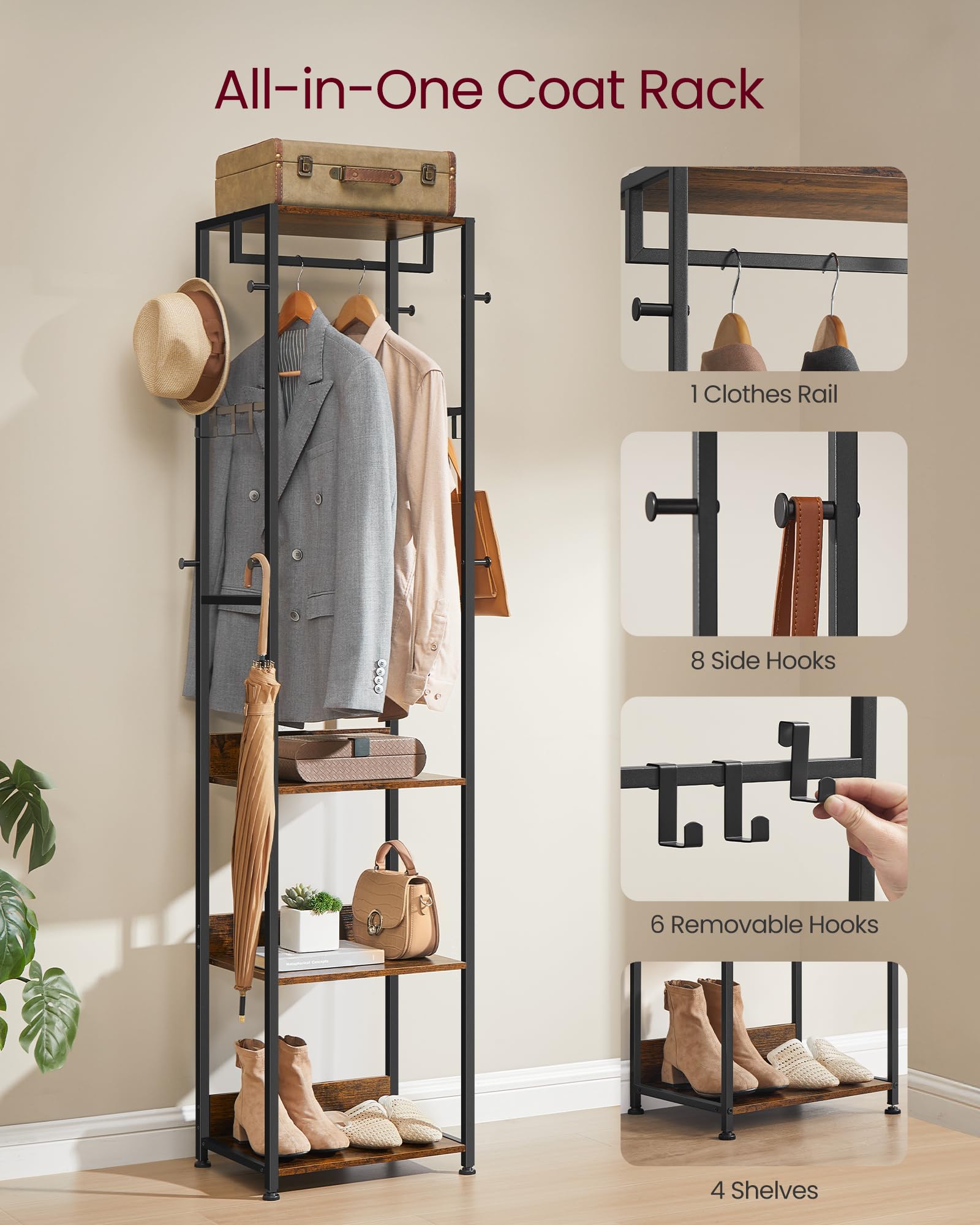 VASAGLE Clothes Rack Stand - Hanging Rail, 4 Shelves, Hooks | Ink Black + Rustic Brown 3