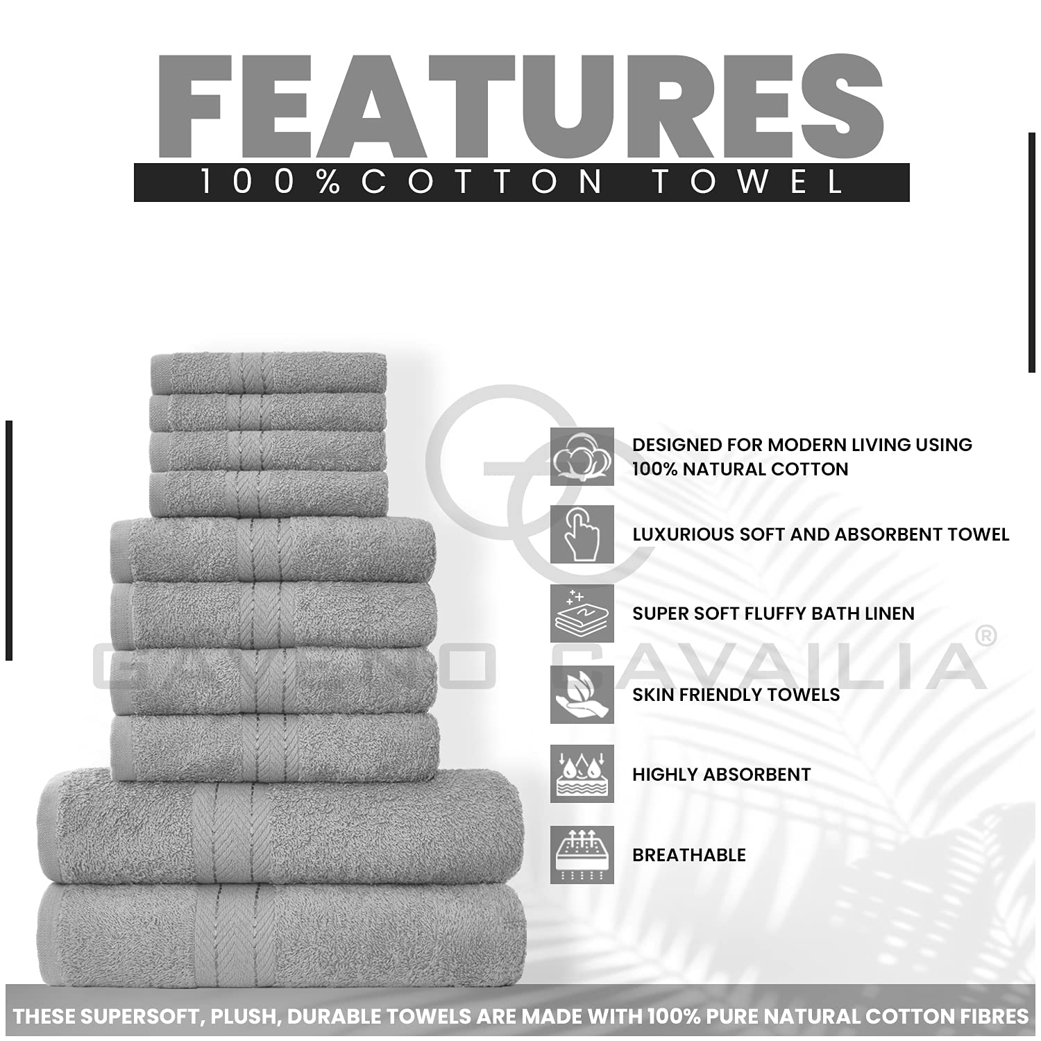 GC GAVENO CAVAILIA 10 Piece Towel Set - 450 GSM Cotton | Quick Drying | Silver 2