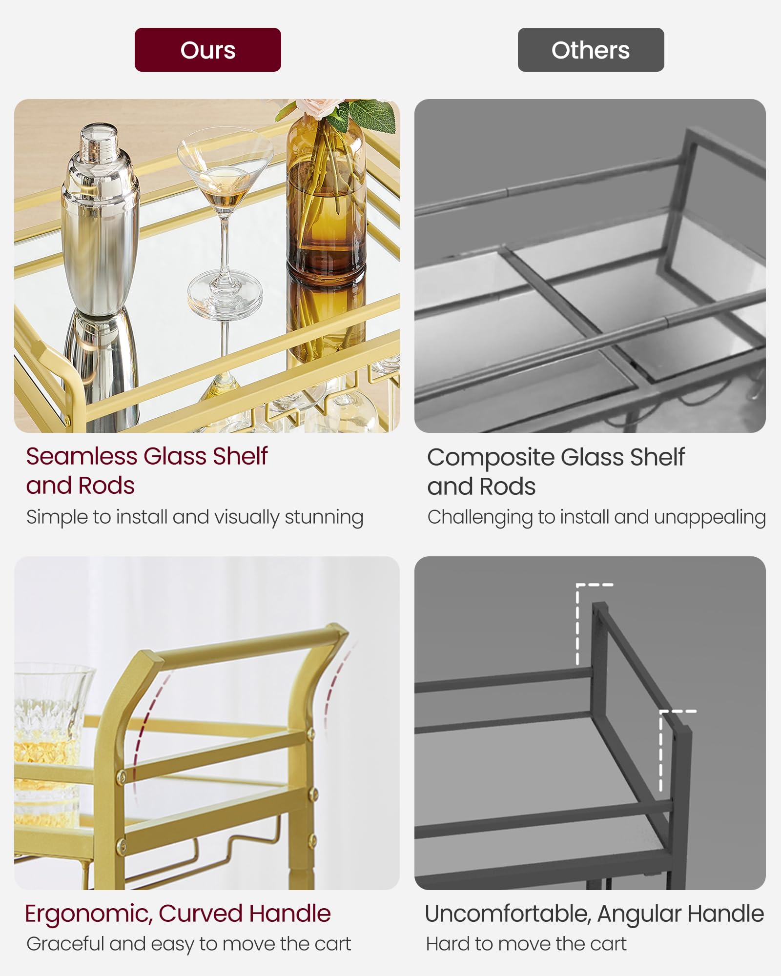 VASAGLE 3-Tier Drinks Trolley - Gold Bar Cart with Mirrored Glass Shelves | 30x46.8x92 cm 9