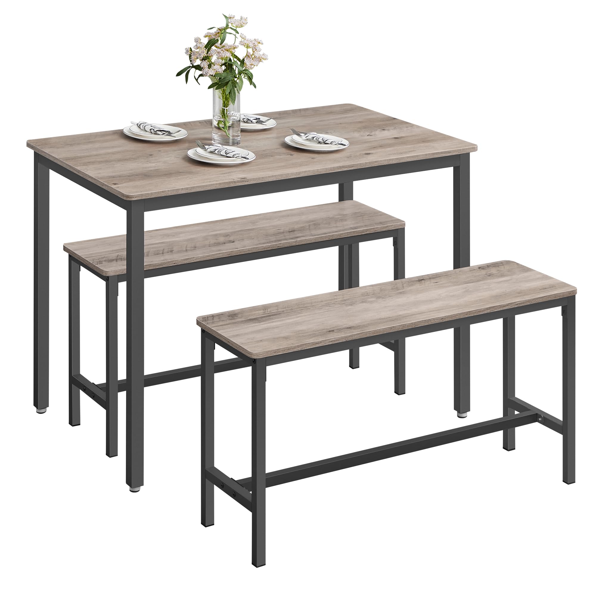 VASAGLE 3 Piece Dining Room Set with 2 Benches | Industrial Design | Seats 4 | 110 x 70 cm Table