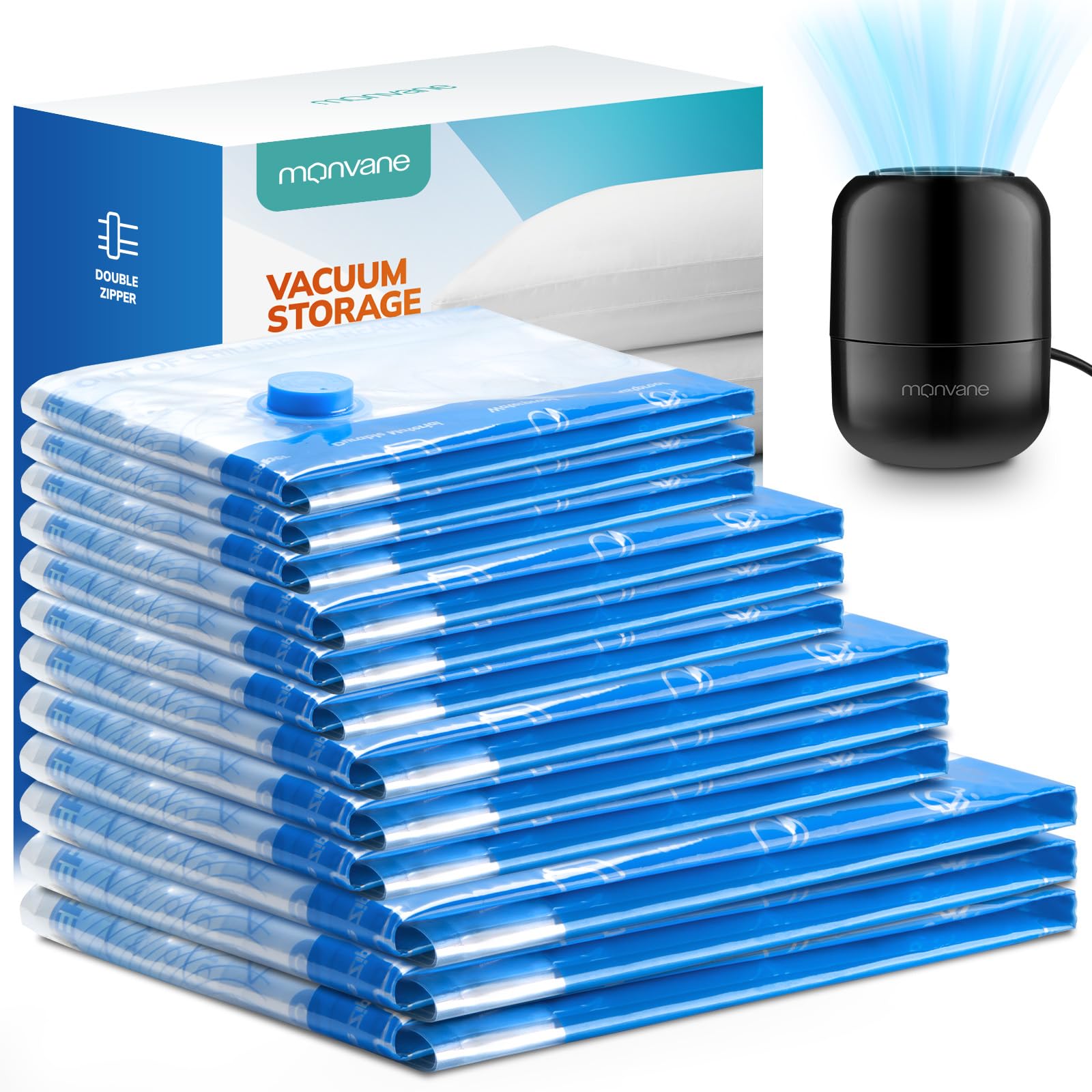 MONVANE Vacuum Compression Storage Bags - 12 Pack Reusable Space Saver with Wired Electric Pump 1