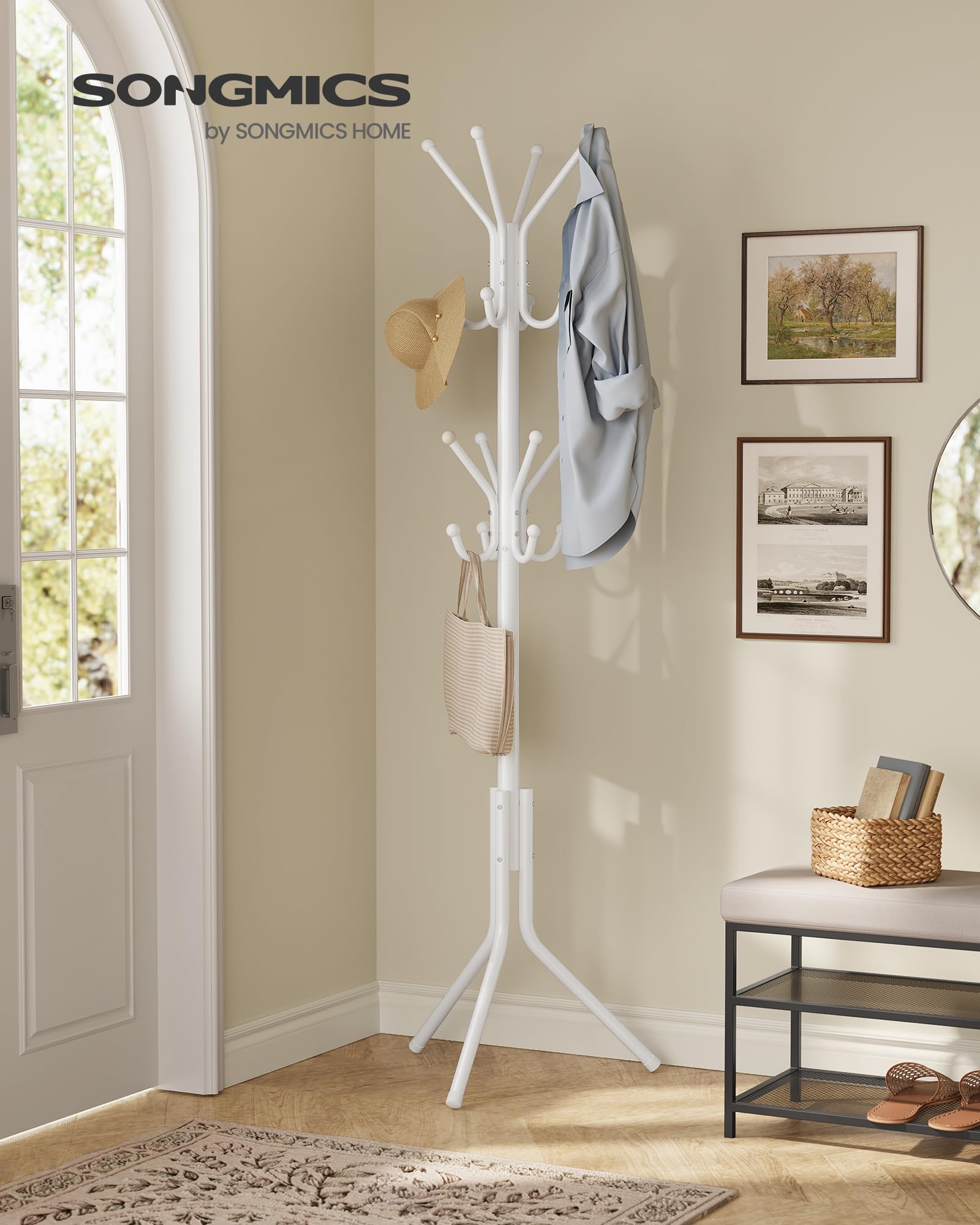 SONGMICS Freestanding Metal Coat Rack - 16 Hooks, Cloud White | 48x43x175 cm