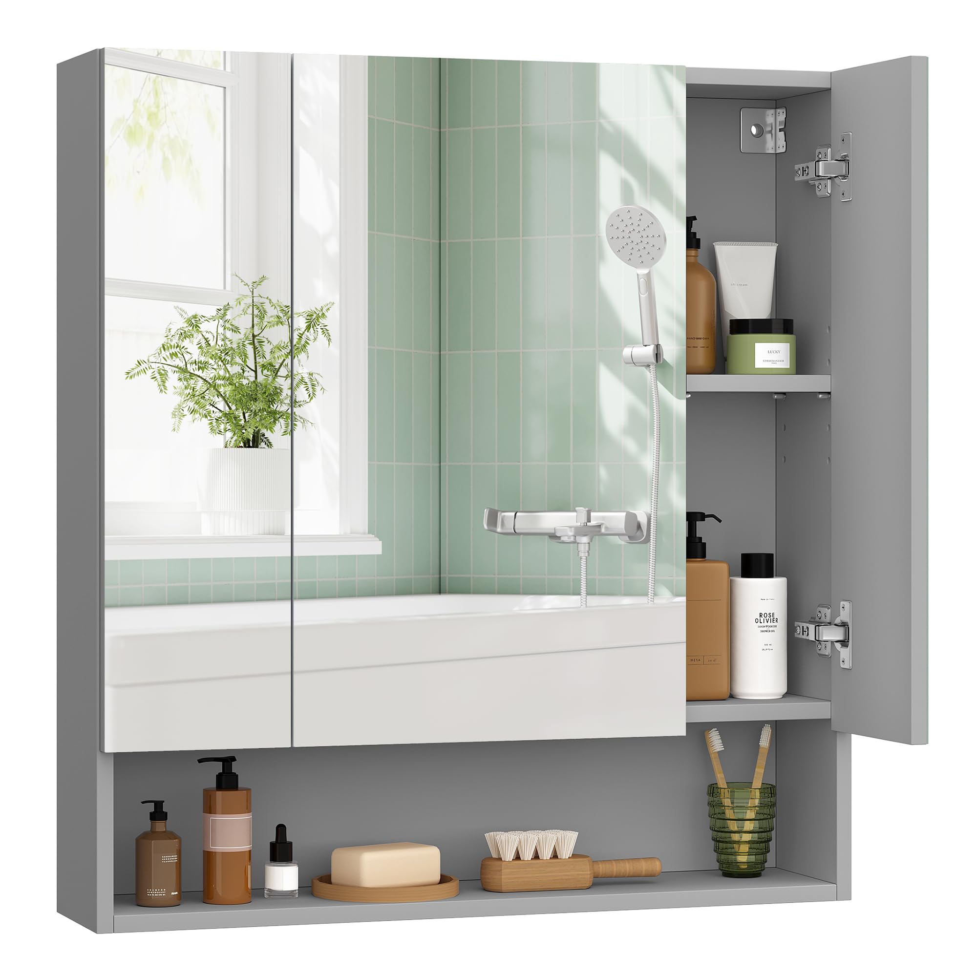 VASAGLE KAILYN Bathroom Mirror Cabinet - Dove Grey | 70W cm | Adjustable Shelves 1