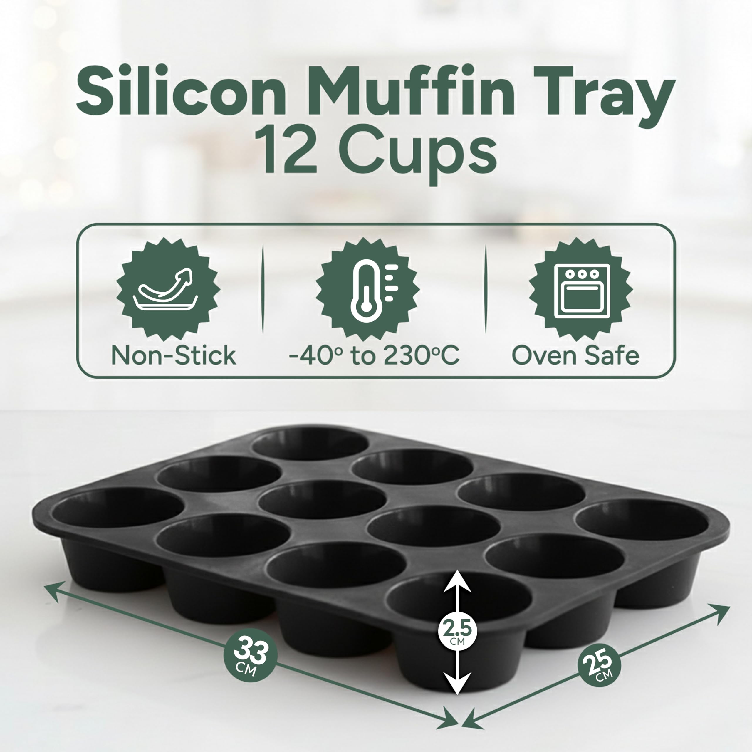 Zuvo Silicone Muffin & Cupcake Tray - 12 Cups Non-Stick, Black, 23x31cm