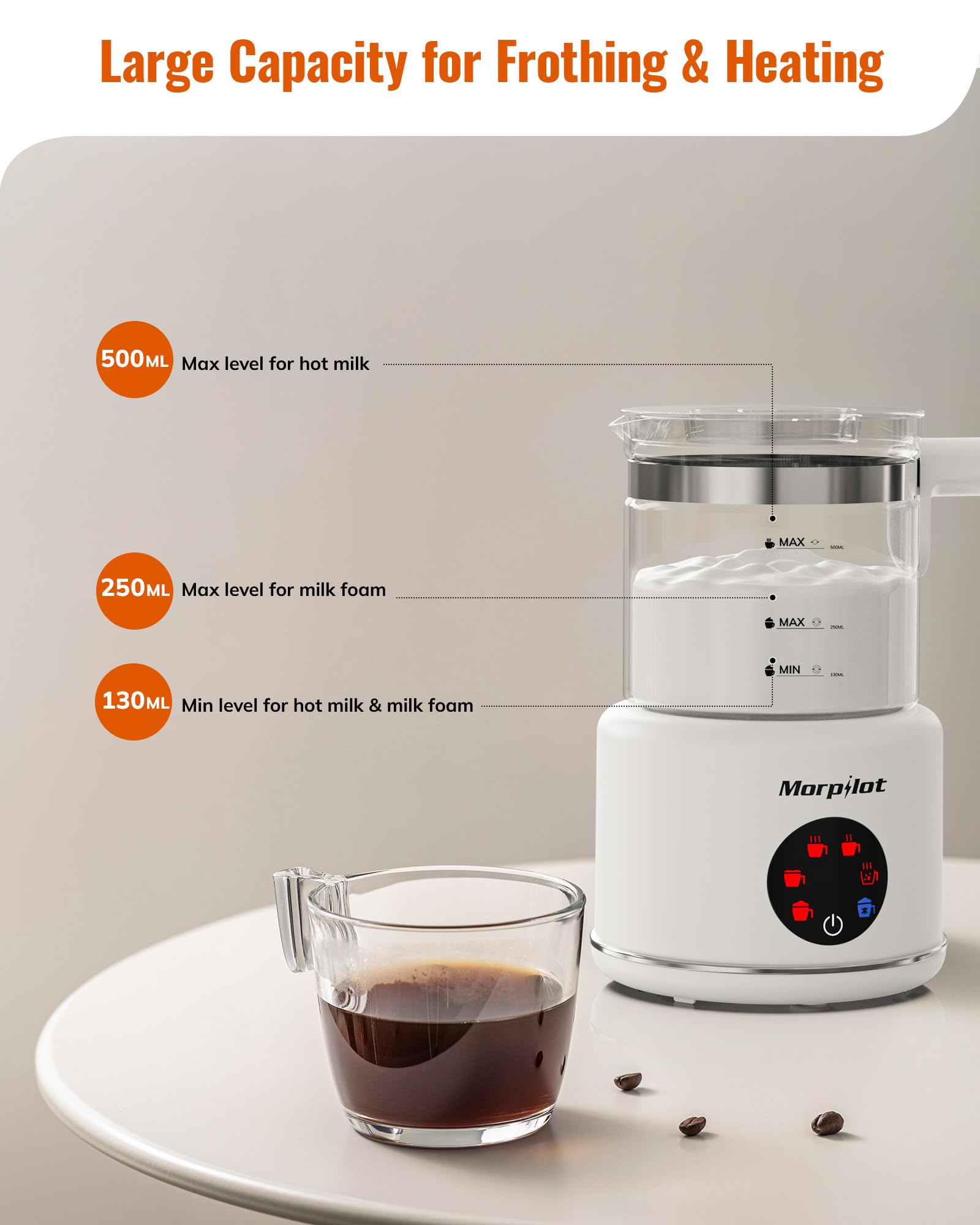 morpilot Automatic Milk Frother - 6-in-1 Functions | 500ML Capacity | Visual Glass 3