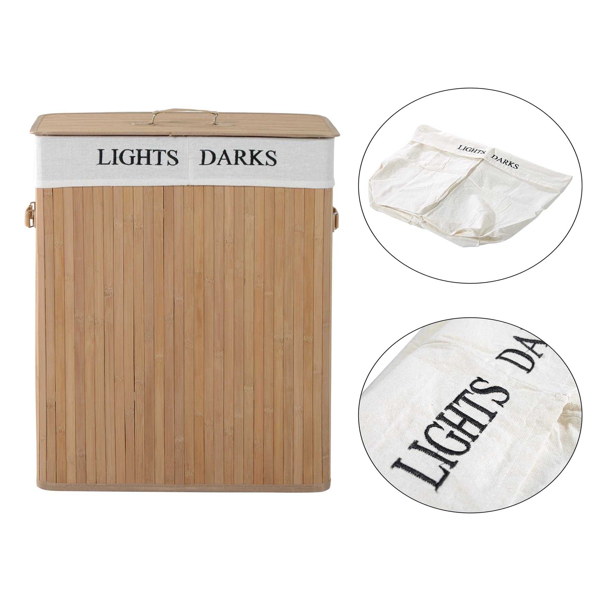 HOMCOM 100L Collapsible Natural Wood Laundry Hamper Organizer with Washable Liner | 52L x 32W x 63H cm 6