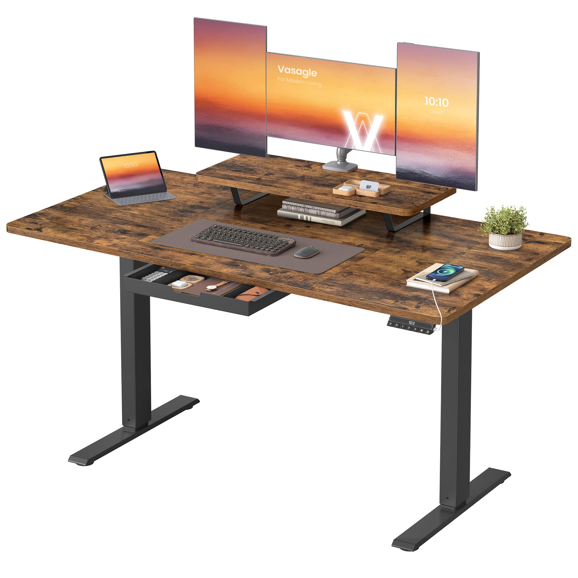 VASAGLE Electric Standing Desk - Height Adjustable 140 x 70 cm | 3 Memory Presets | Rustic Brown