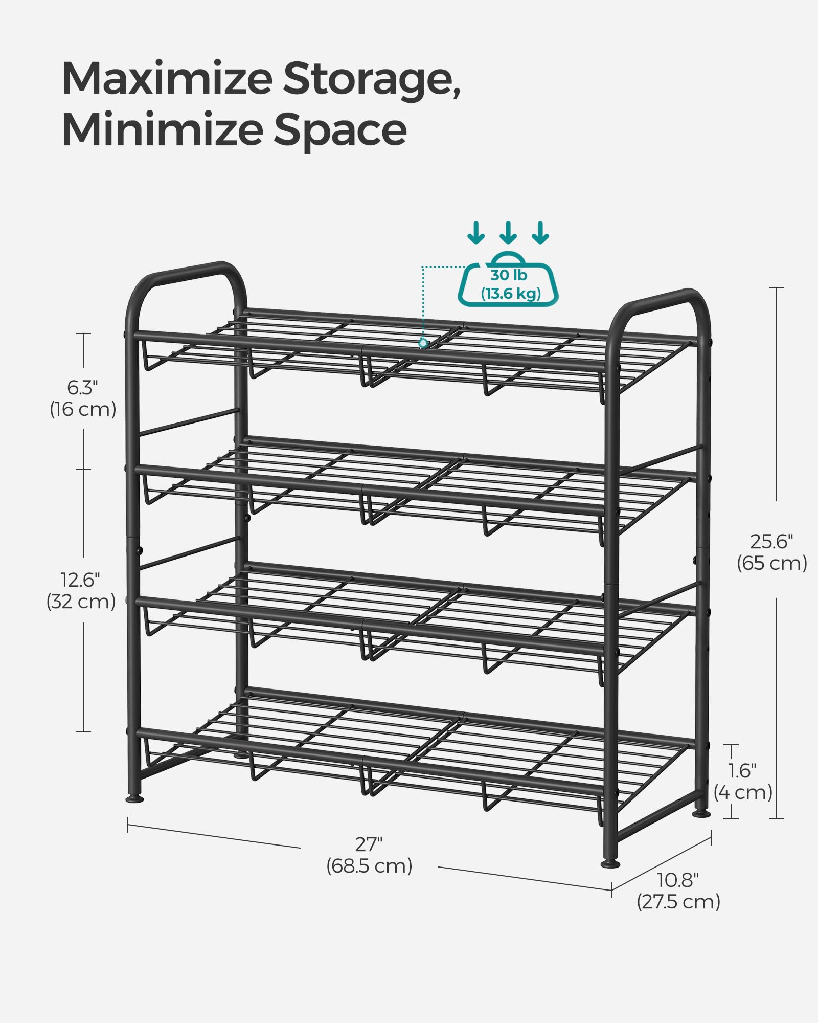 SONGMICS 4 Tier Stackable Shoe Rack - Metal Frame, Holds Up to 16 Pairs | Black 3