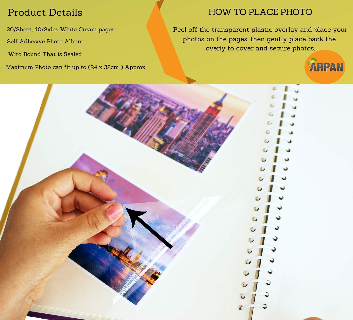 ARPAN Large Self Adhesive Photo Album | Holds Up to A4 Size | 20 Sheets | Memories Purple 3