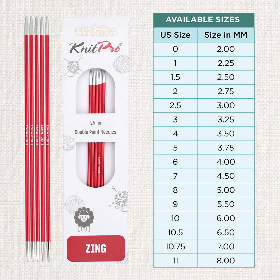 KnitPro Zing Double Pointed Needles - 2.50mm Size | 15cm Length | Lightweight Aluminium 4