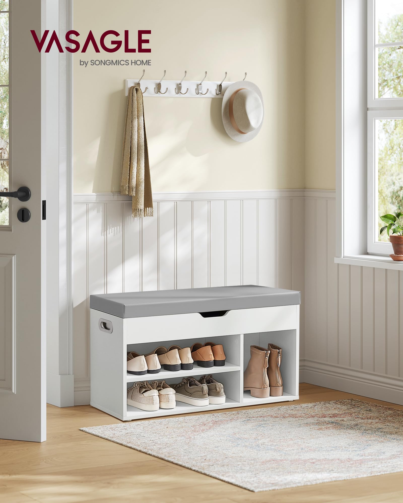 VASAGLE Storage Bench with Padded Seat - 3 Compartments, 150 kg Capacity | Cloud White