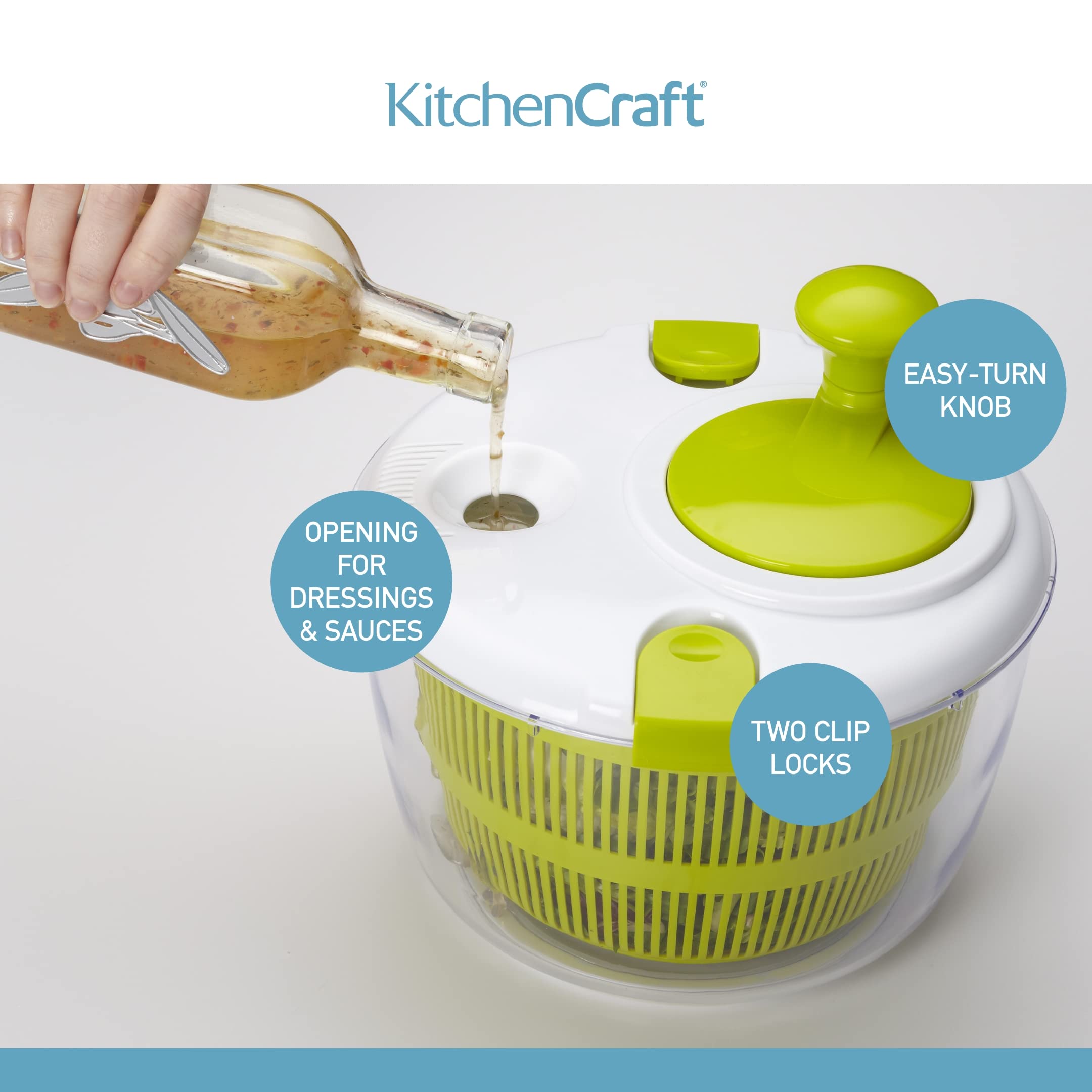 KitchenCraft Deluxe Salad Spinner and Dresser - Large Size, BPA Free Plastic, White/Green 4