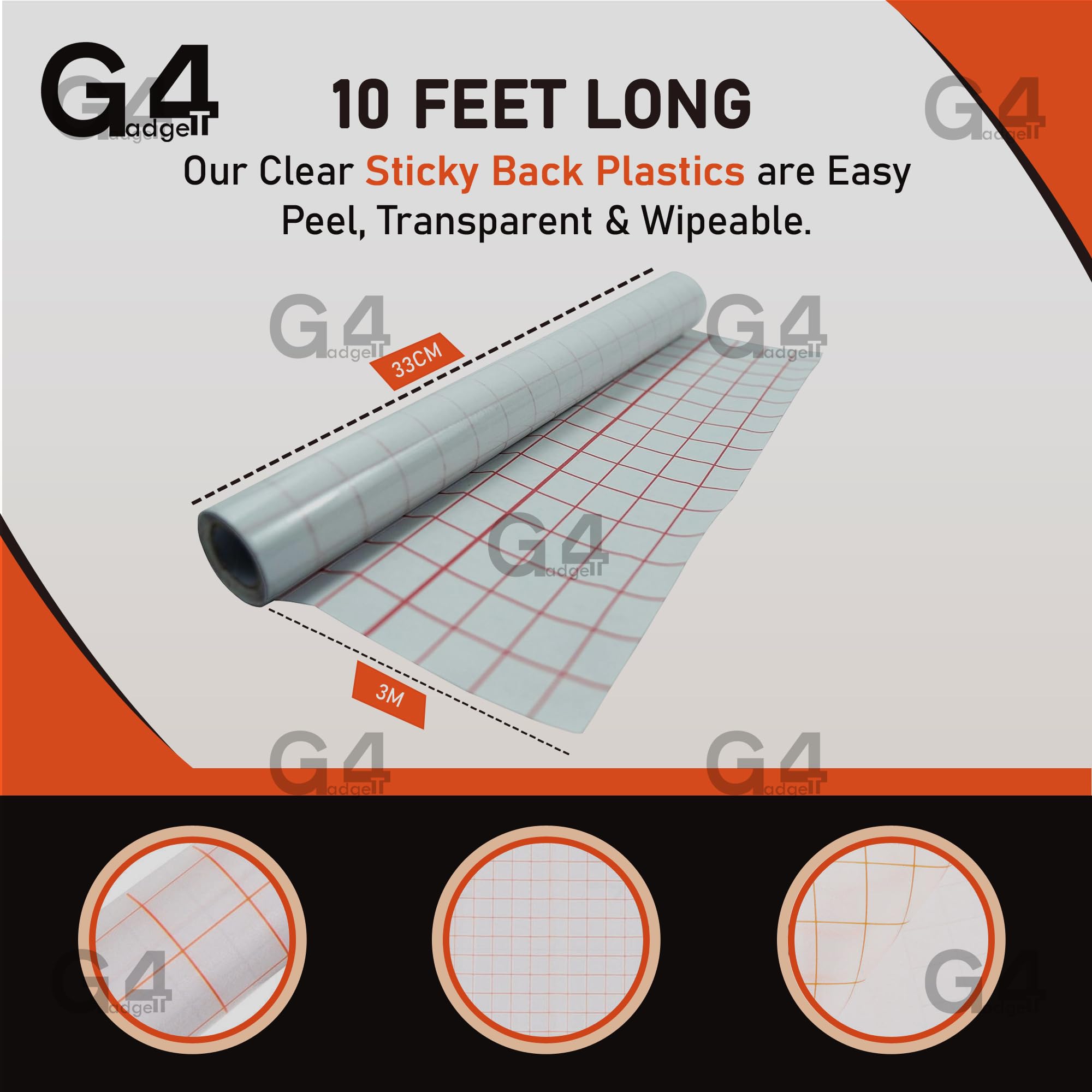 G4GADGET Clear Self-Adhesive Plastic Book Cover Film - 33 cm x 1 Meter | Repositionable | Grid-Lined Backing 6