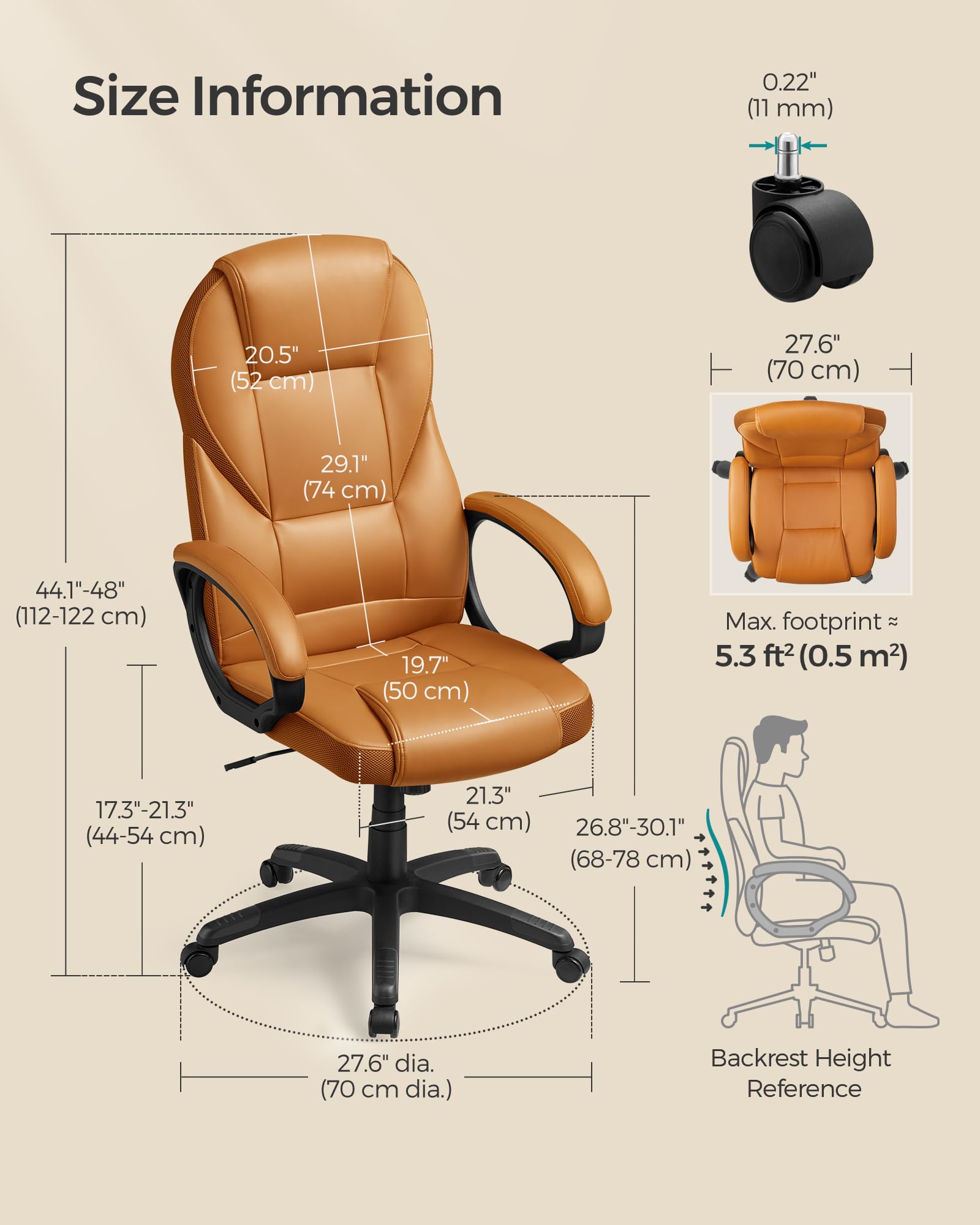 SONGMICS Ergonomic Swivel Desk Chair - Adjustable Height, Silent Castors, Caramel Brown | Max Load 150 kg 3