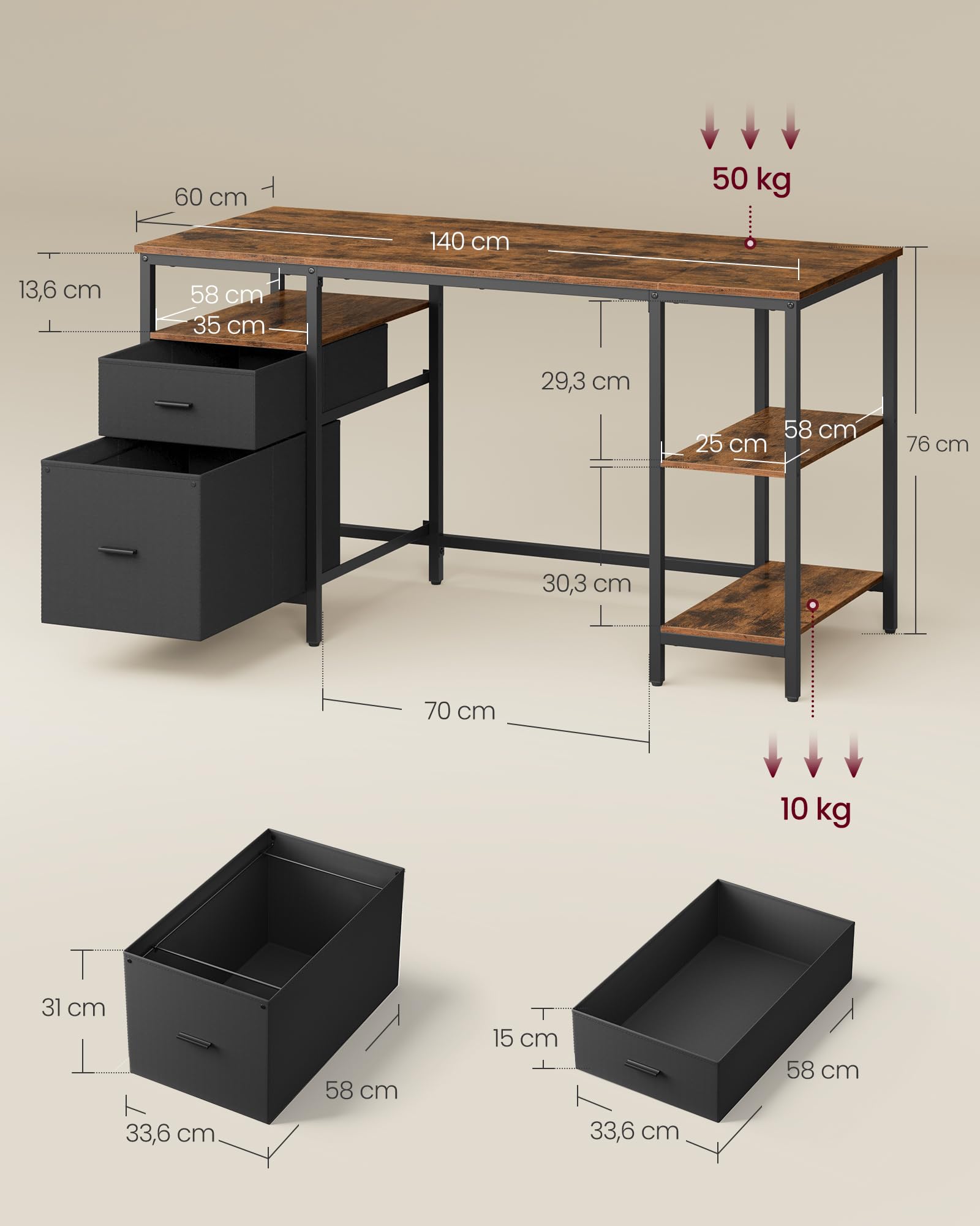 VASAGLE Computer Desk with 3 Shelves and 2 Drawers | 140 x 60 cm Desktop | Rustic Brown + Ink Black 3