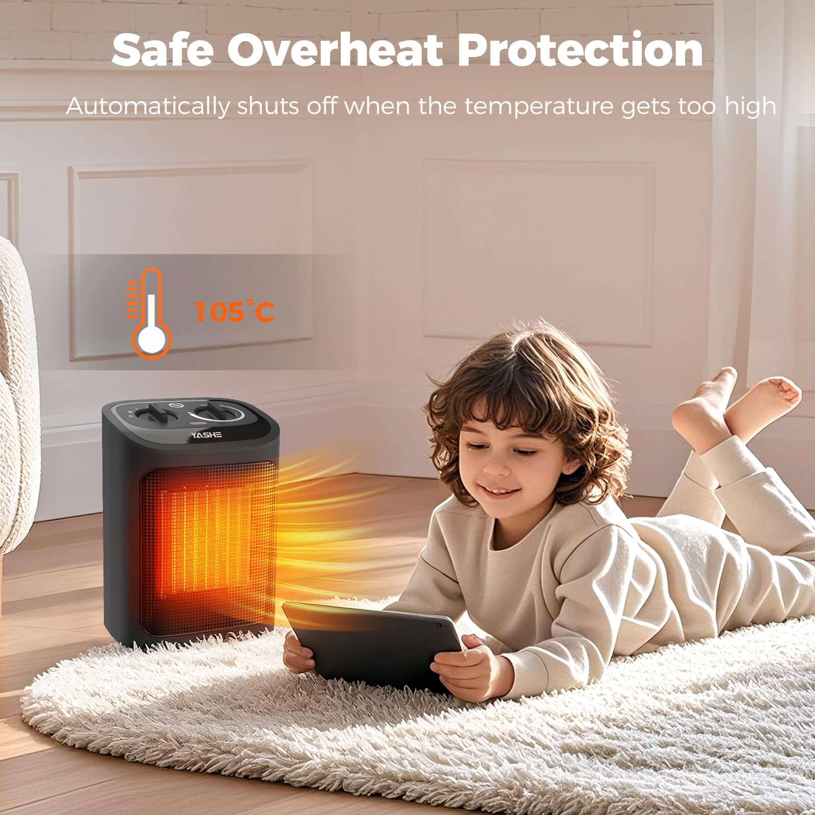 YASHE Electric Heater 1500W PTC Ceramic Heating Element with Thermostat | Black 7