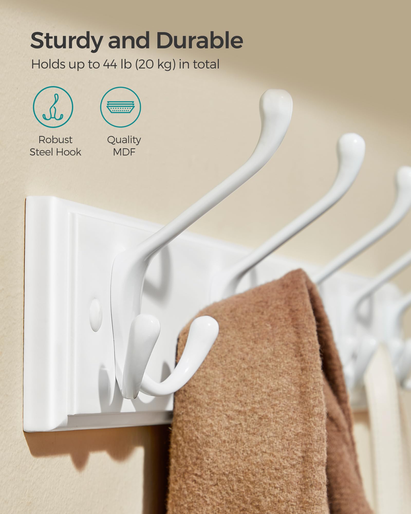 SONGMICS Wall-Mounted Coat Rack - 5 Metal Tri-Hooks, Cloud White | MDF & Zinc Alloy | 4kg Per Hook 4