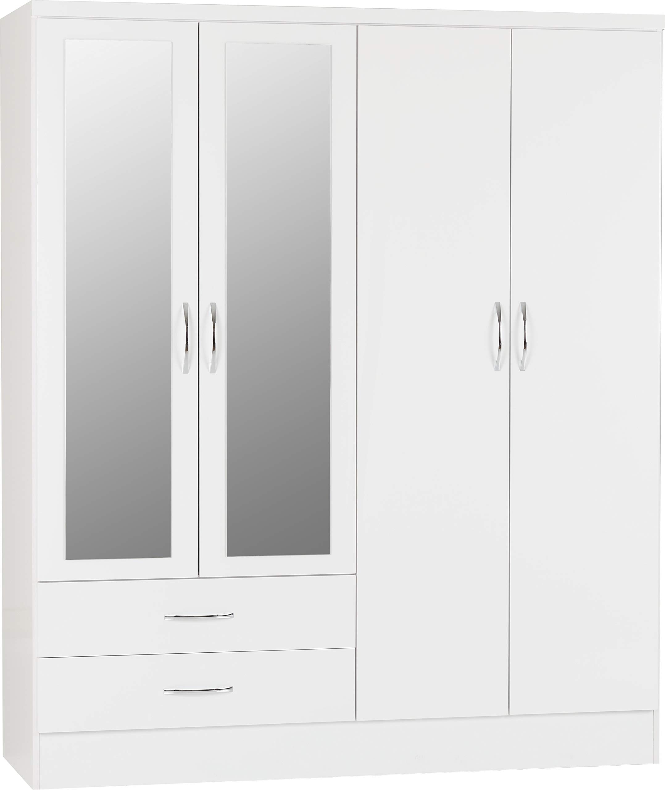 Seconique Nevada 4 Door 2 Drawer Wardrobe - White Gloss Finish | Composite Board & MDF