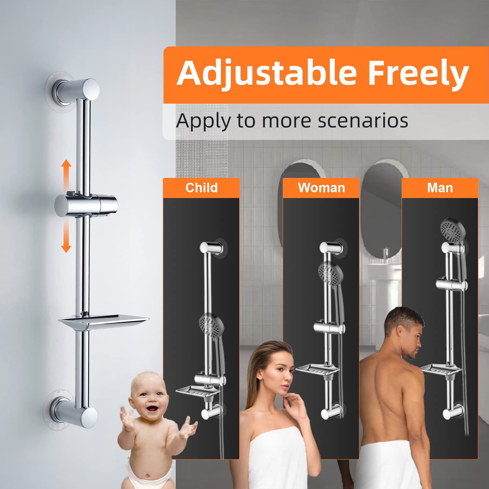 Ibergrif M20802-1 Shower Riser Rail - Nail-Free Slide Bar, Adjustable Height, Stainless Steel 5