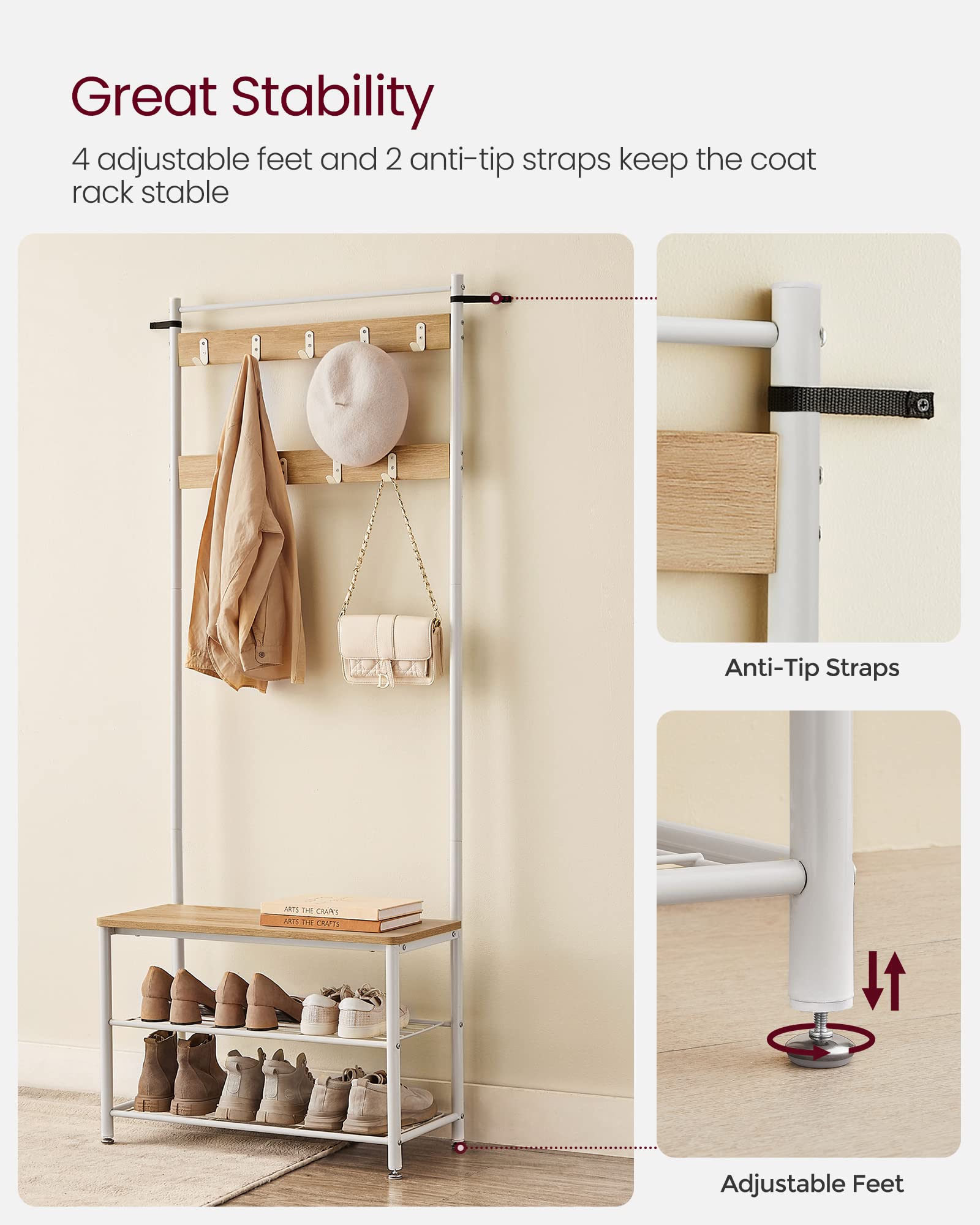 VASAGLE 3-in-1 Coat Rack with Shoe Bench and Shelf | Steel Frame | Colour Oak + Cream 5
