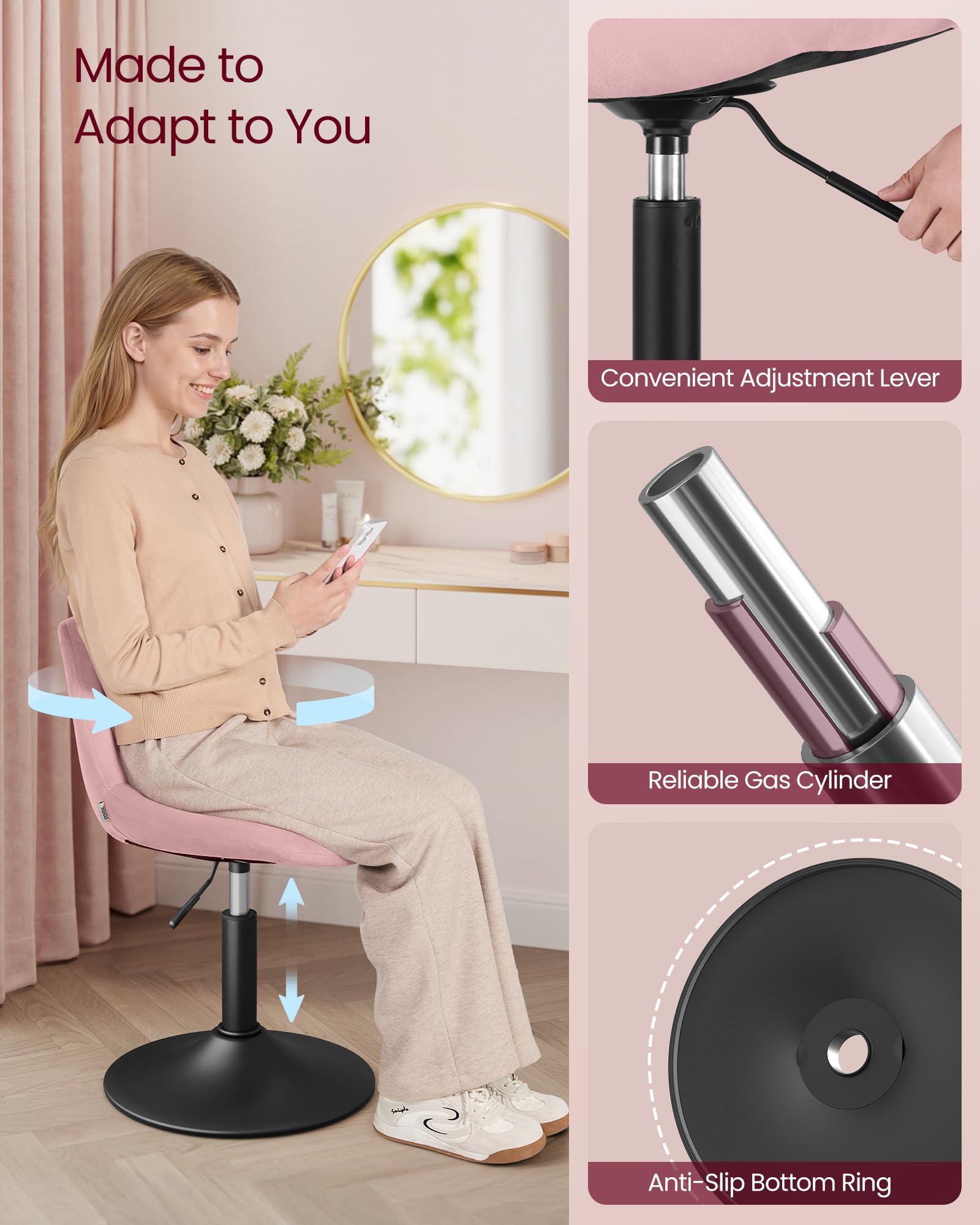 VASAGLE Height Adjustable Swivel Bar Stool with Backrest in Jelly Pink Velvet | 37.5-49.5 cm Height Range 7