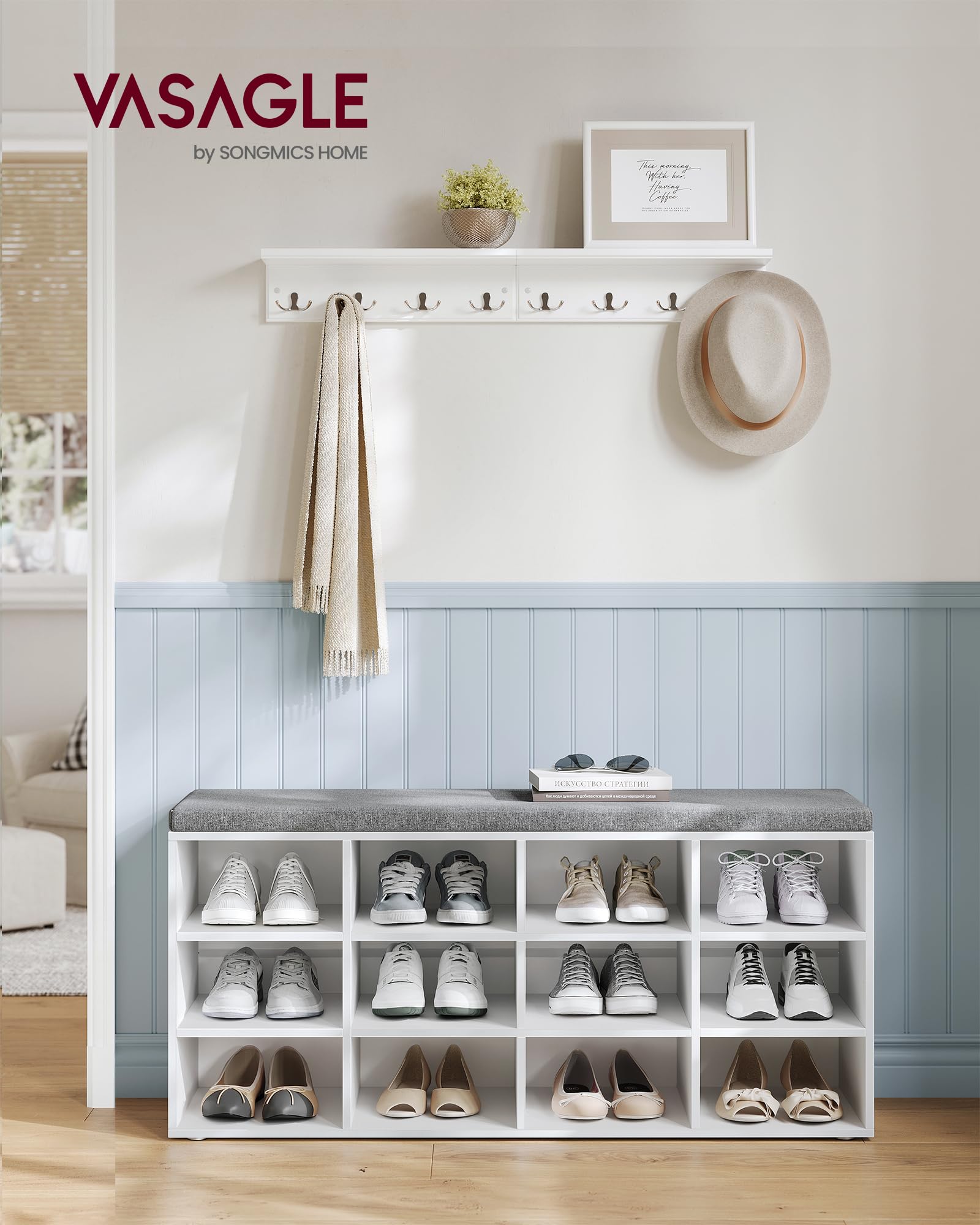 VASAGLE Shoe Storage Bench with Padded Seat | 12 Compartments | Adjustable Shelves | 104 x 30.3 x 48 cm | Cloud White