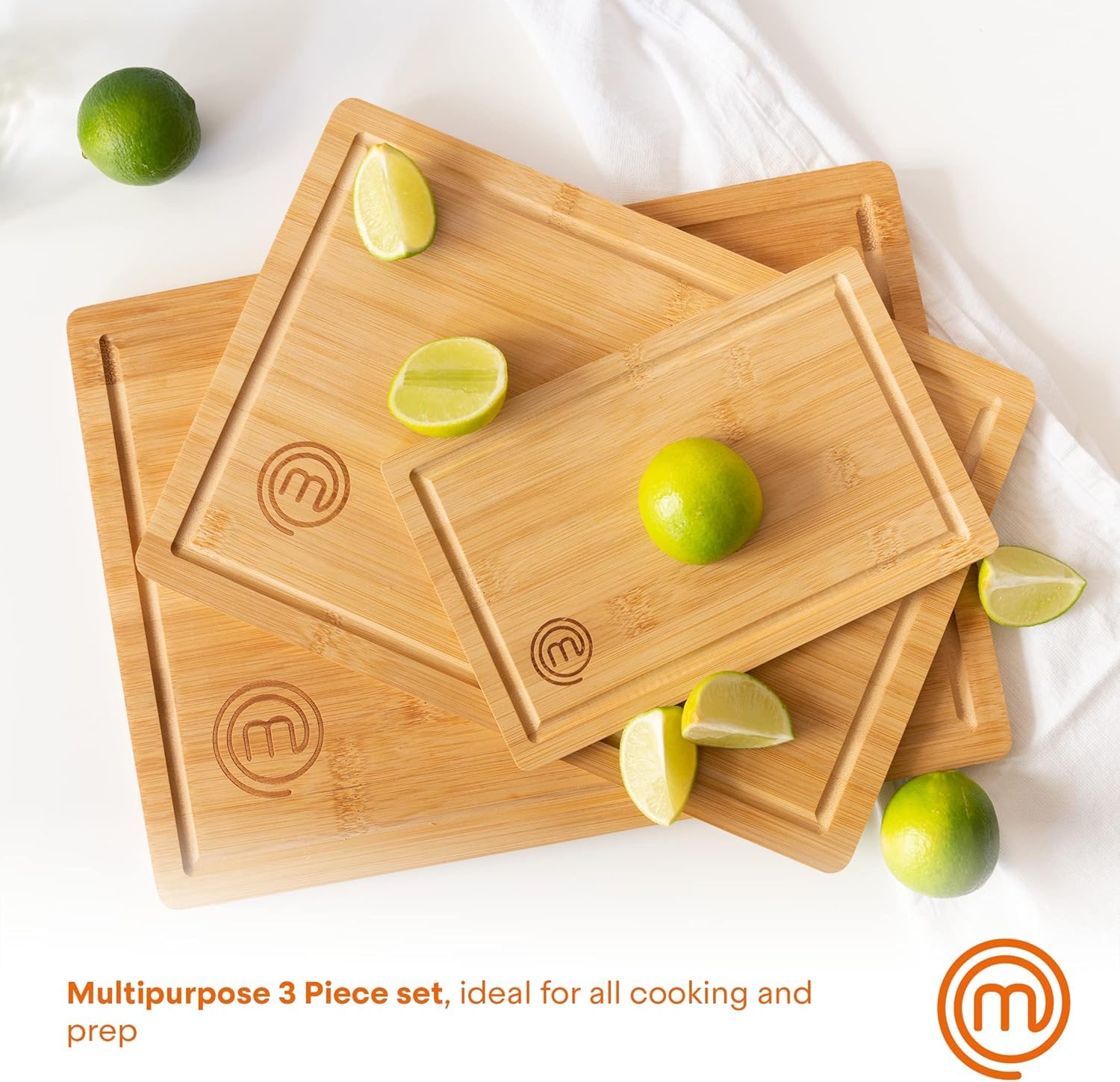 MasterChef Wooden Chopping Board Set of 3, Bamboo Cutting Boards | Includes Knife | 15in Max Size 5