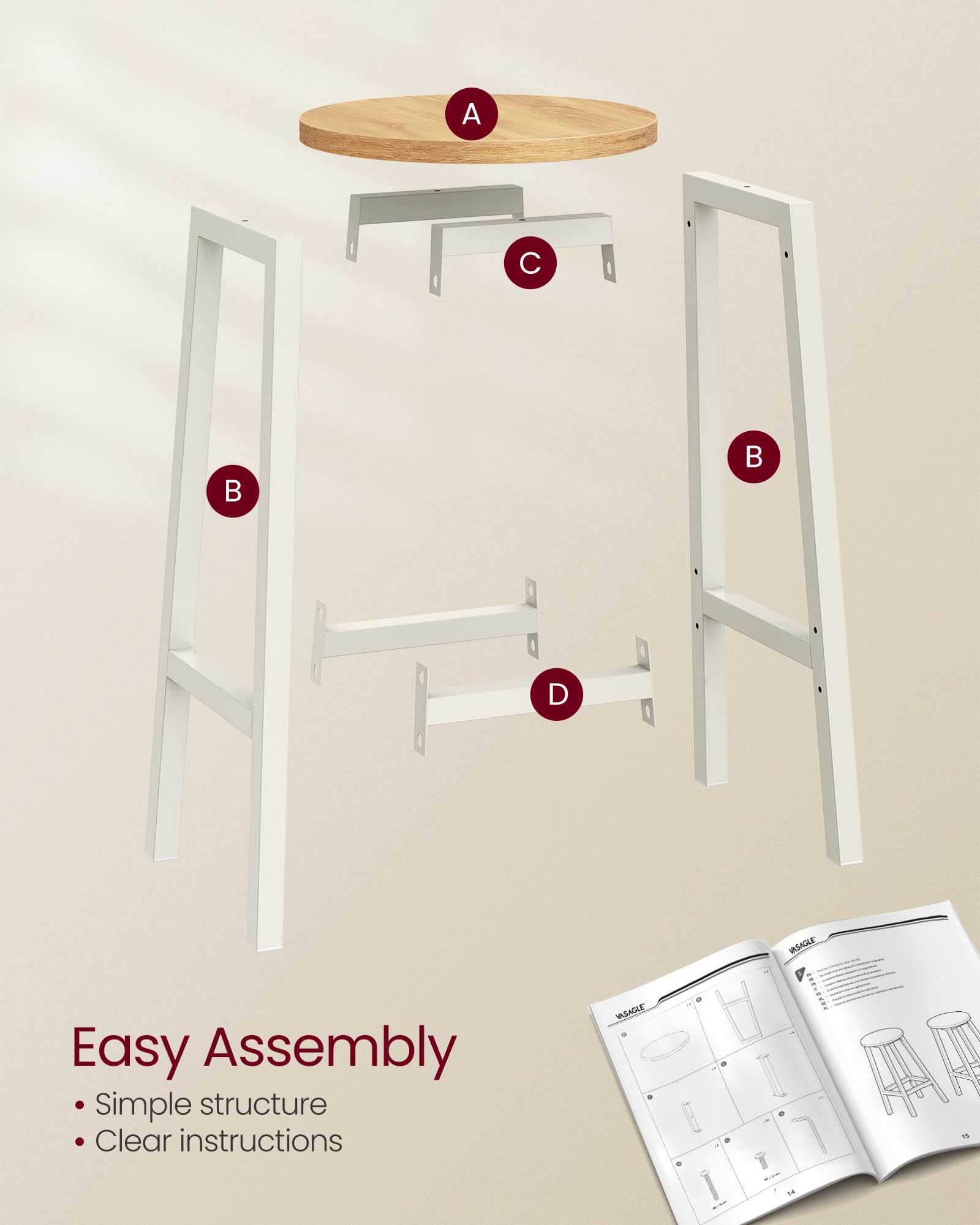 VASAGLE Bar Stools Set of 2 - Classic Beige & White Oak | Metal Frame | Footrest | Easy Assembly 6
