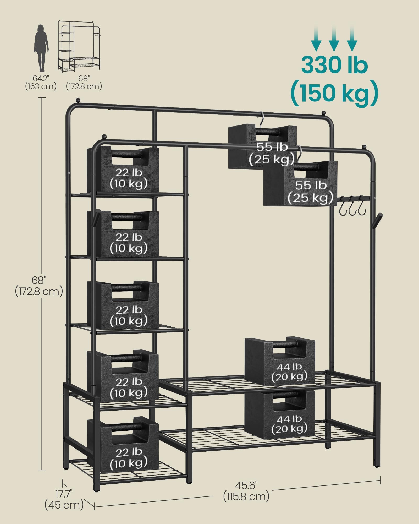 SONGMICS Clothes Rack - Open Wardrobe with 7 Shelves & 2 Hanging Rails | Black Alloy Steel 5
