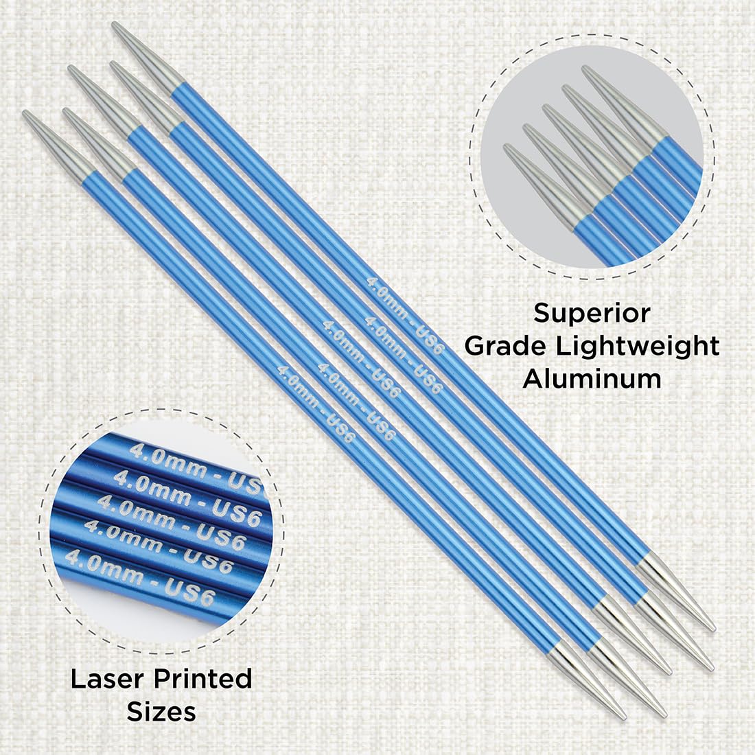 KnitPro Zing Double Pointed Knitting Needles - 4.00mm Size | 6' (15cm) Length | Sapphire Aluminium 2