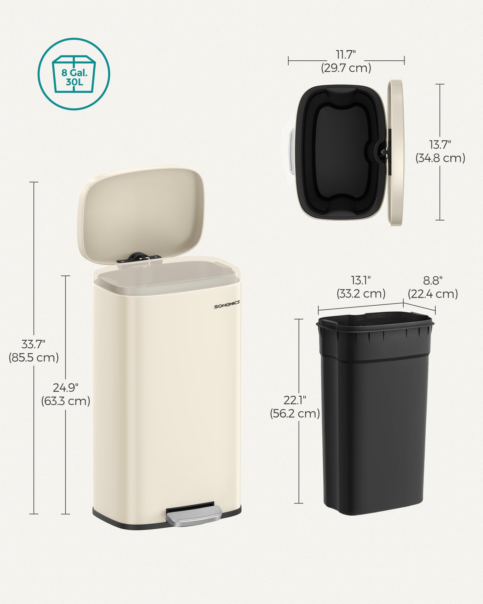 SONGMICS 30 L Kitchen Bin - Soft Close Pedal Operation | Sand Beige Steel 7