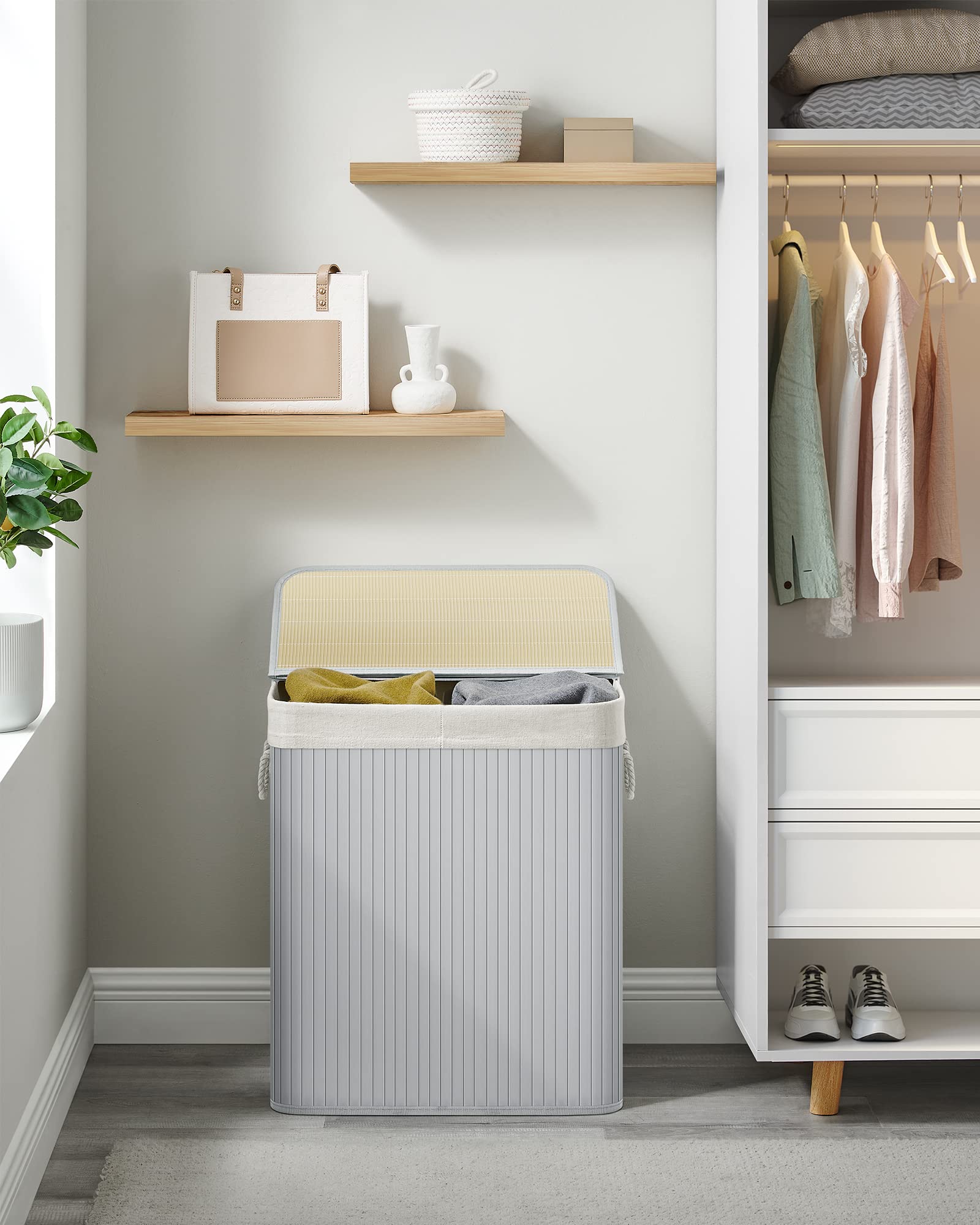 SONGMICS Bamboo Laundry Basket with Lid - 100L Volume, 2 Sorting Compartments, Removable Bag, Grey 3