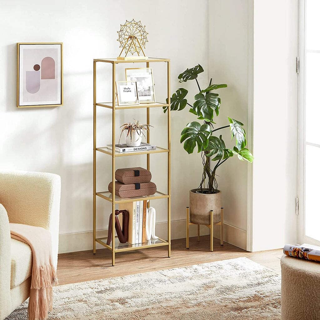 VASAGLE 5-Tier Glass Shelf Bookcase - Tempered Glass, Metallic Gold Frame | 40W x 124.5H cm 4