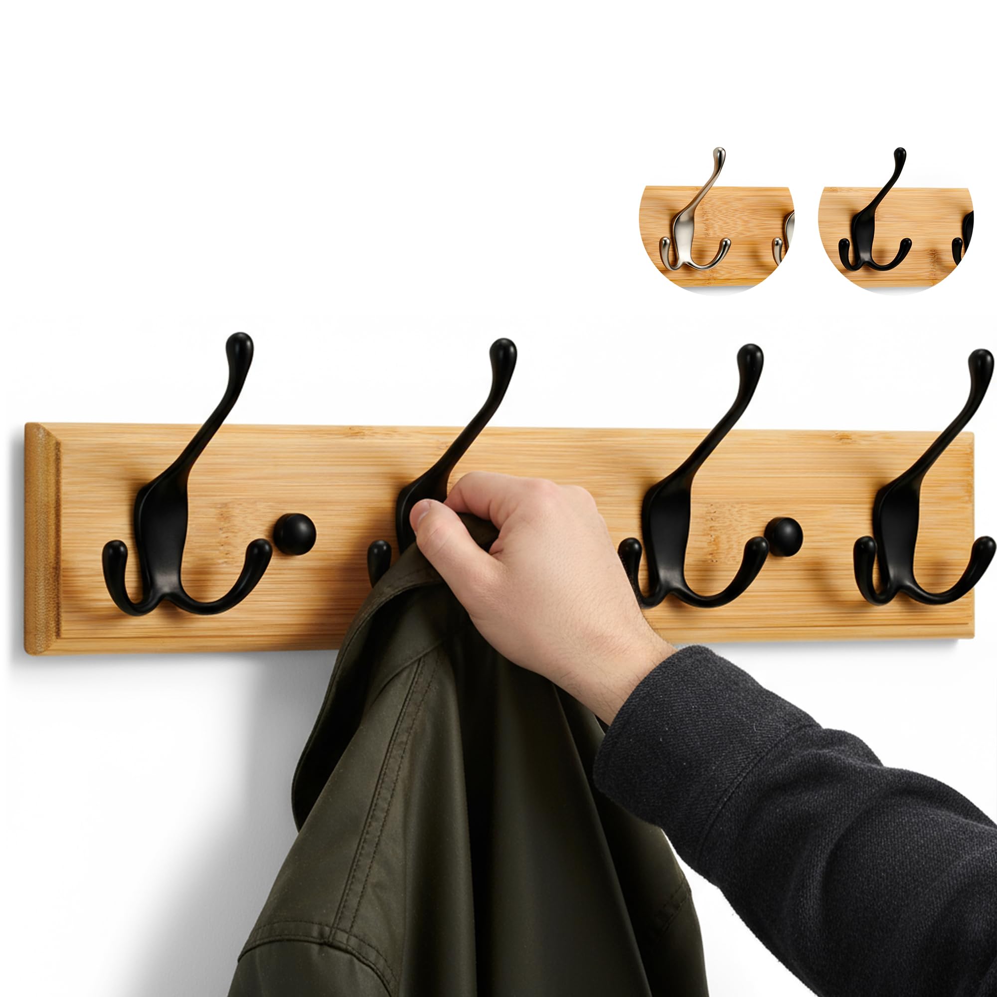 LARHN Wooden Wall Coat Rack - 4 Triple Black Hooks | Heavy Duty Wood & Metal | Max Load 20kg